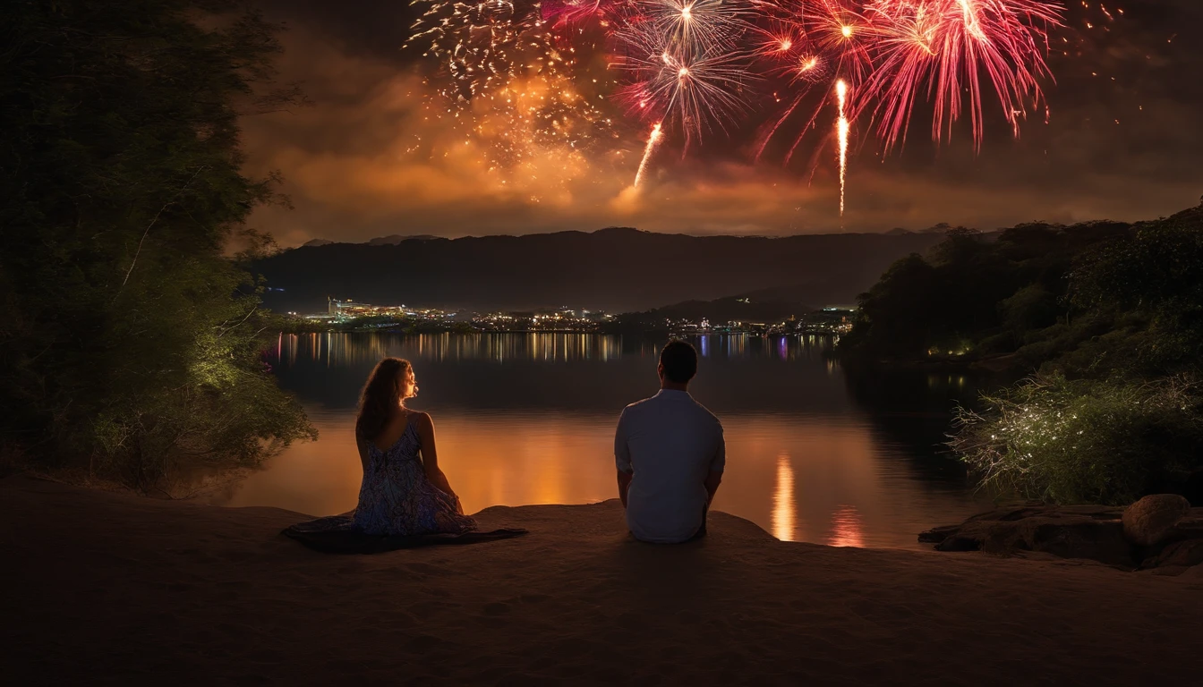 A young couple sits holding hands under the dazzling fireworks that bloom in the night sky. Seus rostos, illuminated by the colors of fireworks, are engraved with deep love and gratitude. As the last fireworks bloom in the sky and its light slowly fades, her husband's breathing stops silently. The woman holds his hand and smiles despite the tears. Essa cena faz parte de um belo final que evoca profunda nostalgia.