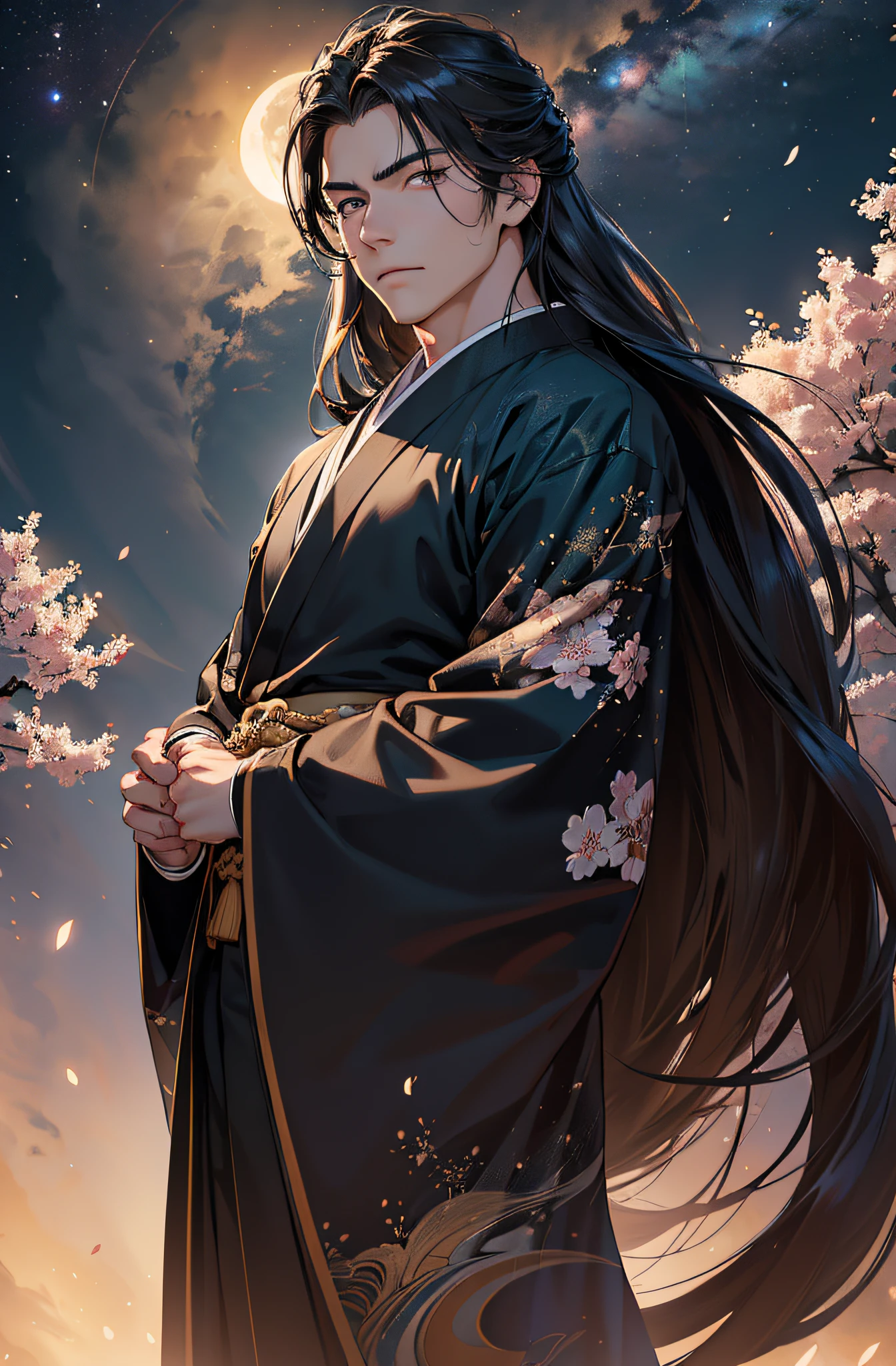 (Meisterwerk), best quality, ultra-high resolution, ((Ein Mann)), masculine, elegant, (japanischer Gott), Tsukuyomi, ausdrucksstarke Augen, Perfektes Gesicht, half body, Blick auf den Betrachter, dutch angle, Cowboy erschossen, (sehr langes, schwarzes, flowy hair), (Goldene Augenfarbe), stattlich, night time, Mondsichel, (Japanische Kleidung), (schwarz-blauer Kimono), (Extrem detaillierte Kleidung), cherry blossoms, Dynamisches Licht, Beautiful colors, Milky Way, FESTPLATTE