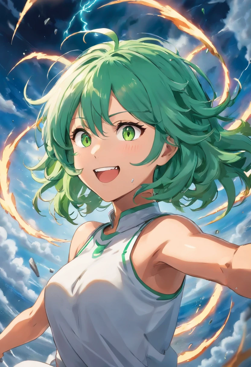 Tornado from One Punch Man getting backshot from Sitama. She has green hair cute smile and dripping with sweat