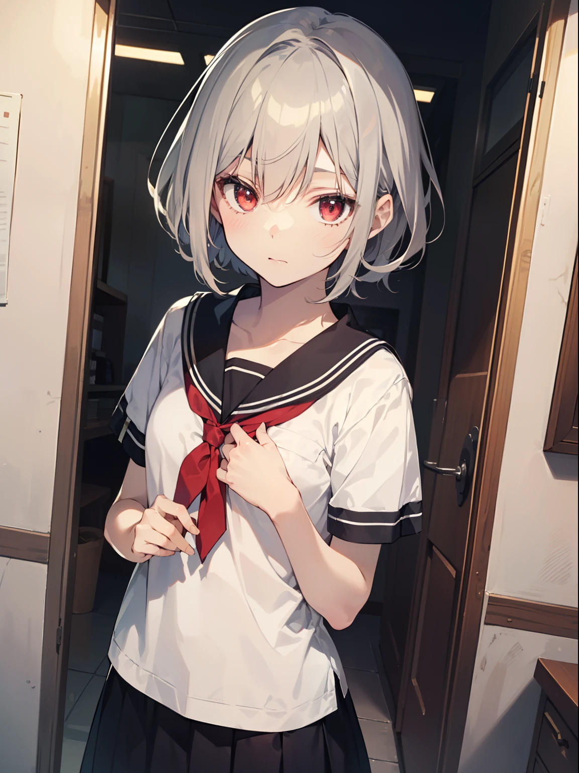 ((Embarrassing)), ((Changing clothes)), ((Put your hands on your chest)), ((Slouched)), 1 Whole body of a girl, elvish, ((silber hair)), Red Eyes, bob cuts, Braided hair, student clothes, a sailor suit, inside in room, speculum, gender change, concept-art, beautiful anime scene, Beautiful anime scenery, top-quality, ​masterpiece
