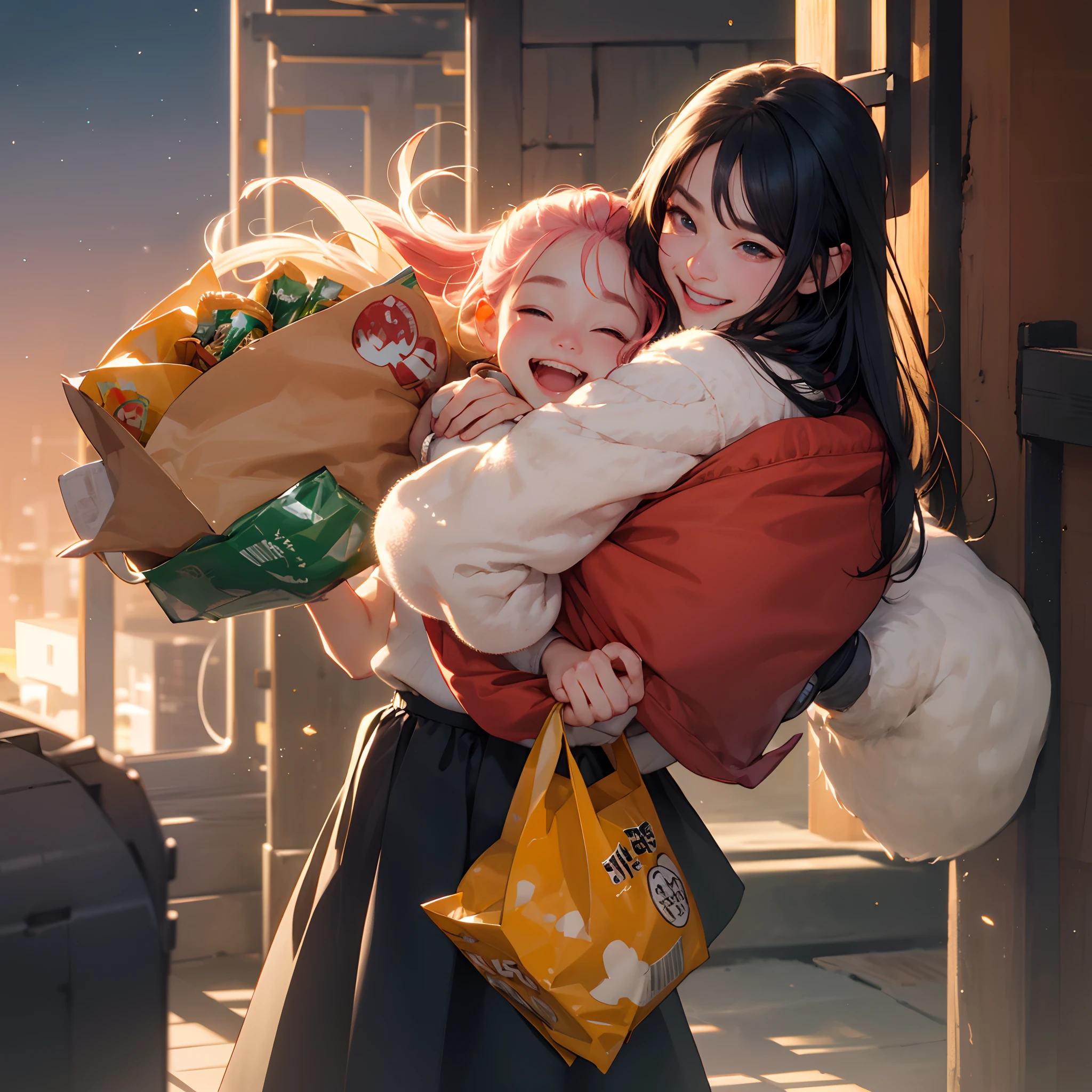 (best quality,4k,8k,highres,masterpiece:1.2),ultra-detailed,(realistic,photorealistic,photo-realistic:1.37),chubby anime girl,bouncing stomach,sparkling eyes,playful smile,colorful hair,pink cheeks,round chubby face,cute oversized sweater,innocent look,rooftop scenery,city lights in the background,vibrant sunset colors,soft lighting,smooth skin,twinkling stars,expressive eyebrows,blinking eyelashes,flowing skirt,cheerful disposition,plump cheeks,warm atmosphere,anime style,carrying a bag of snacks,big round eyes,adorable pose,jiggling belly,instant noodles packet in hand,melting mouth-watering aroma,rumbling stomach,dynamic action,wholesome feel,fluffy clouds,surrounded by friends,laughing and having fun,playful background music,energetic mood,positive vibes,joyful expression