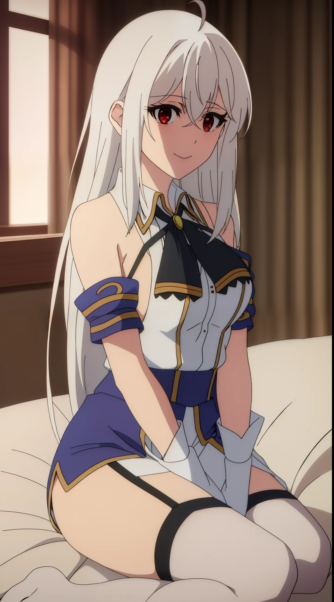 2D, HD, Detailed details, top-quality, Highly detailed, masterpiece, best quality, highres, solo, 1girl, ninym ralei, white hair, beautiful hair, red eyes, beautiful eyes, eye highlights, sharp eyes, medium breasts, closed mouth, smile, looking at viewer, highly detailed hands, highly detailed eyes, Perfect hands, anime, full body, miniskirt, black thighhighs, thigh straps, white shirt, on bed, sleep