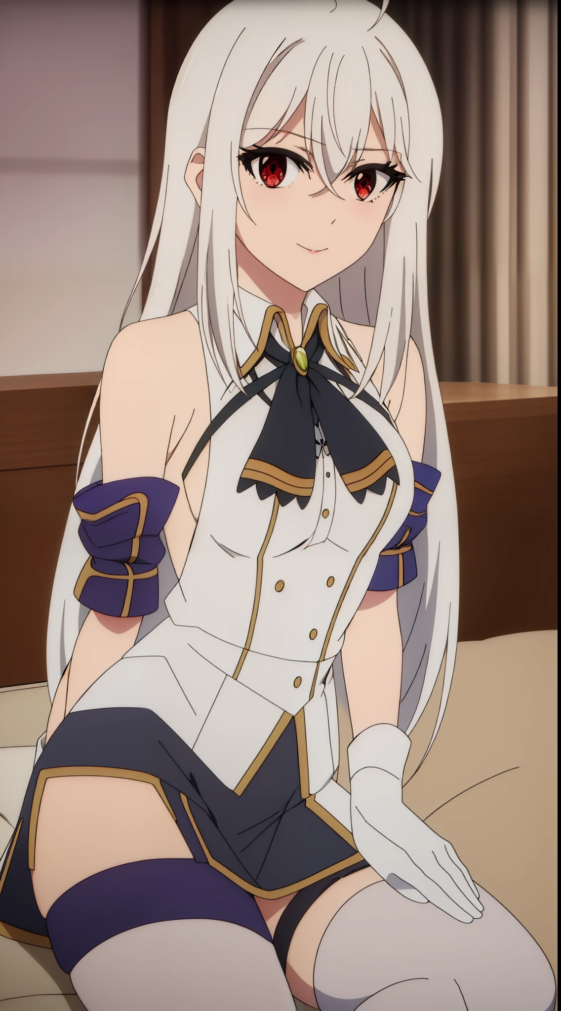 2D, HD, Detailed details, top-quality, Highly detailed, masterpiece, best quality, highres, solo, 1girl, ninym ralei, white hair, beautiful hair, red eyes, beautiful eyes, eye highlights, sharp eyes, medium breasts, closed mouth, smile, looking at viewer, highly detailed hands, highly detailed eyes, Perfect hands, anime, full body, miniskirt, black thighhighs, thigh straps, white shirt, on bed, sleep