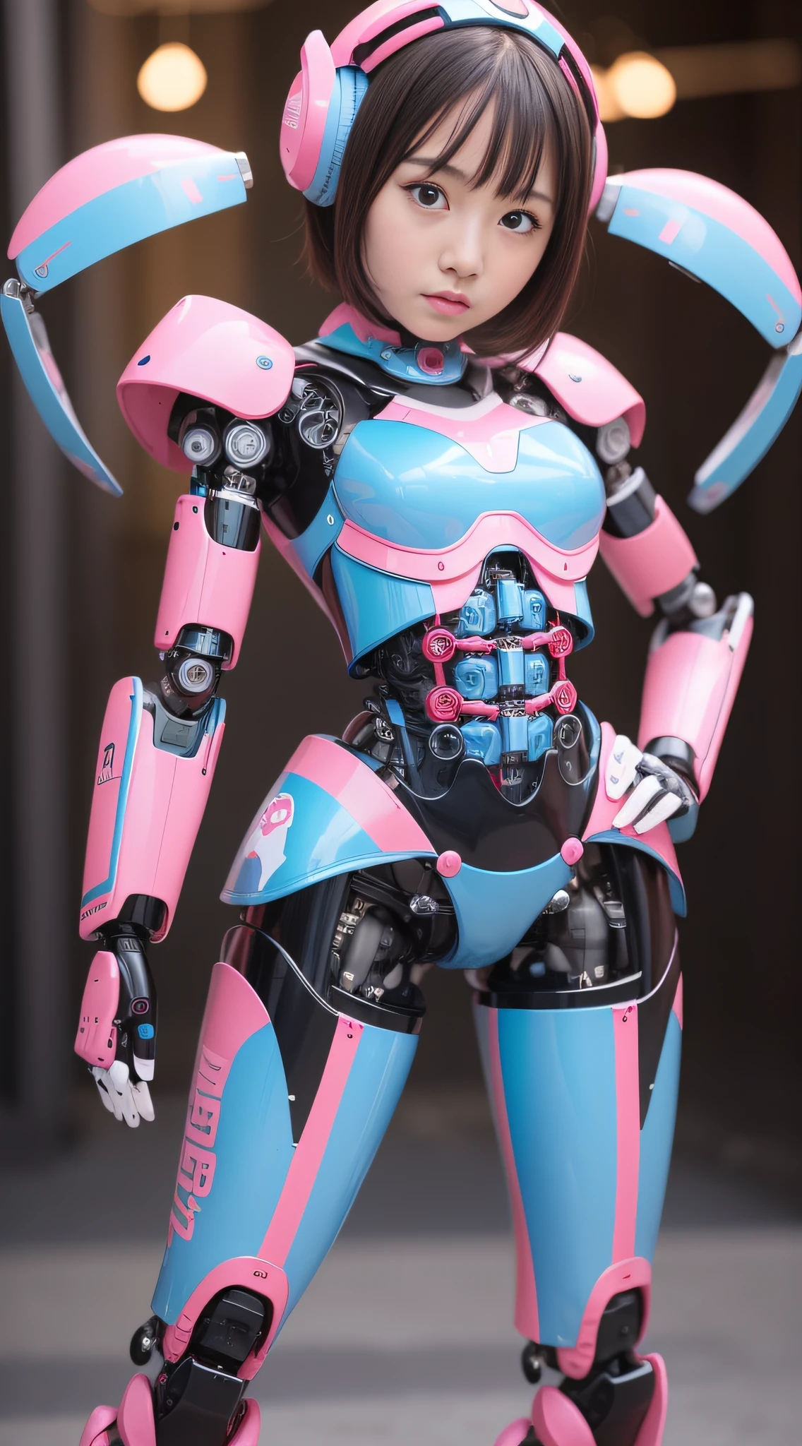 (Photorealsitic:1.4)、One girl、(top-quality)、(hyperdetailed face)、(Super well-formed face)、((Robot Parts))、(Robot Girl)、(Blue)、(pink there)、(Burgundy)、(metallic)、(full body)、(sexy pose)、(Slender body)、(Model body type)、(full body mech)、(Akihabara)、(is looking at the camera)、(A dark-haired)、(Well-proportioned girl)、(a small face)、(Idol)、(front facing)、(Standing with legs open)、(Hands on hips)、(Photo session)、(Looks sad)、(Perfect Robot Girl)、(Perfect mechanical body)