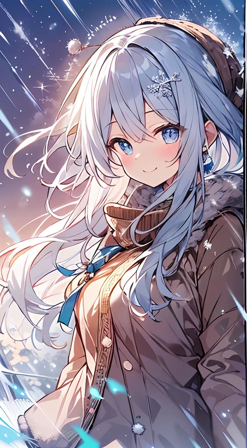 masutepiece, Best Quality,Illustration, Wallpaper, ultra -detail, Absurd beauty, 1beautiful girl、Bright hair color、Glitter and big eyes、Hair fluttering in the wind、ample breasts、♡、Smaller head、Winter scene、miscievous smile、bustup