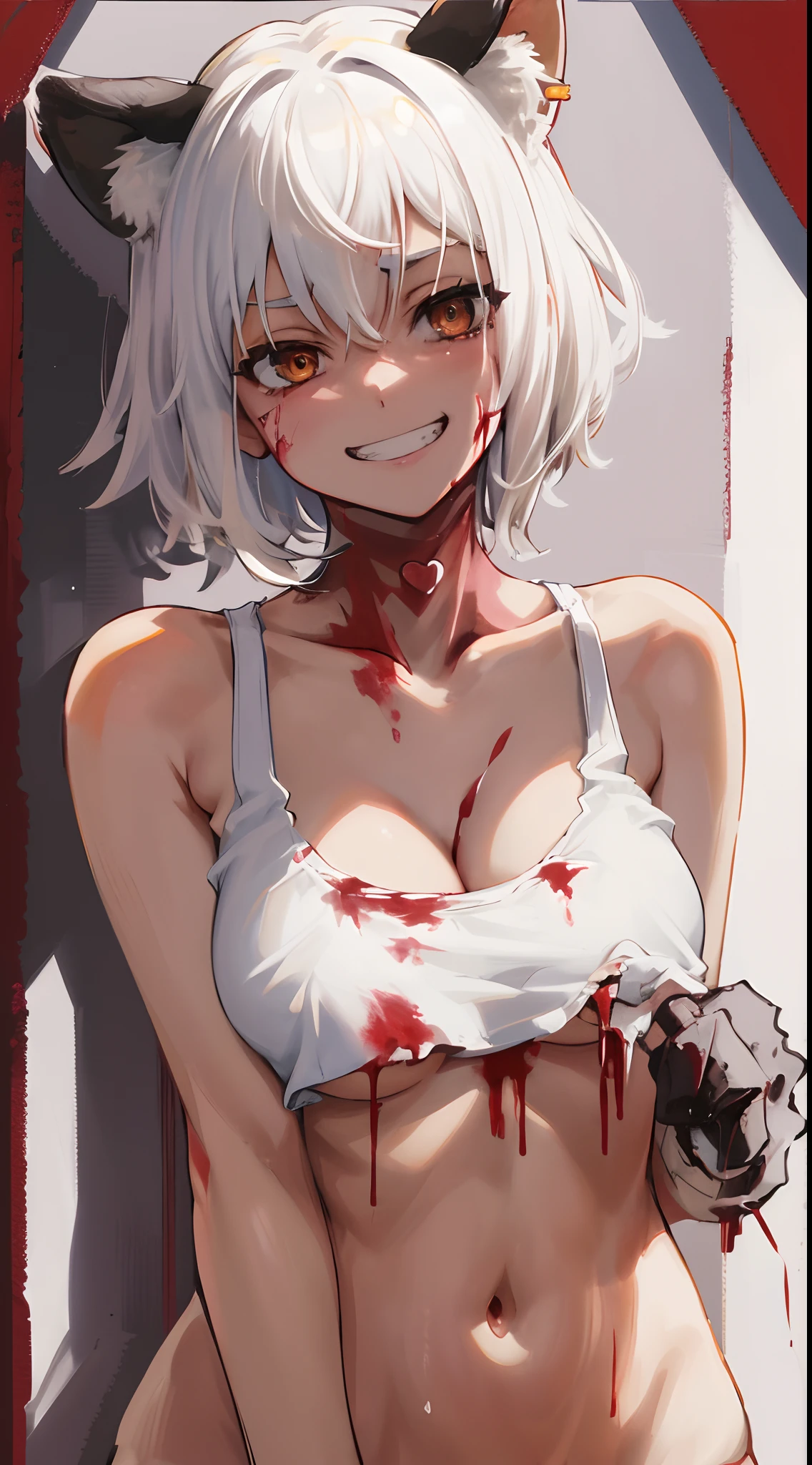 masterpiece, best quality, highres, 1girl, solo, animal ears, white hair, short hair, brown eyes, tail, medium breasts, navel, white panties, tank top, cleavage, ((upper body)), standing, grin,  prison, ((blood on face)), blood on hand, ((murderer)), (nsfw,+18)