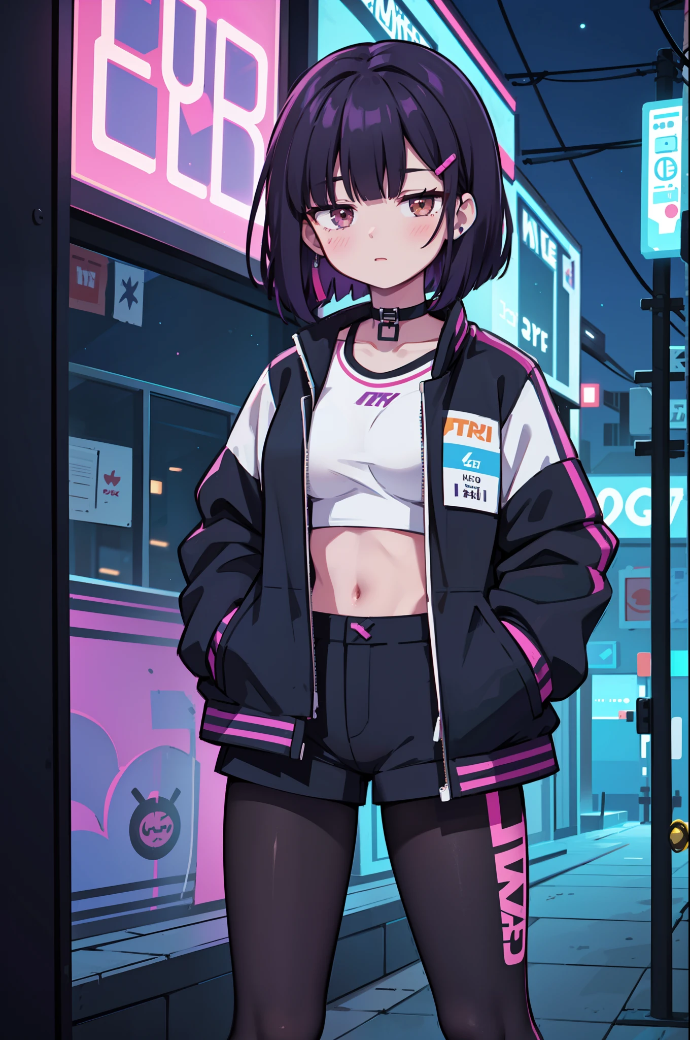 1girl, solo, , (black hair), (colored inner hair, purple hair), straight hair, bob cut, short hair, assymmetrical sidelocks, bang pinned back, hairclip, brown eyes, calm behaviour, inexpressive, medium breasts, choker, garter strap, sportswear, sport top, shorts, (pantyhose:1.1), jacket, big jacket, thighs, abs, (hands on pockets), night city, cyberpuk, colorful, beautiful, ((neon lights)), masterpiece, best quality, 4k