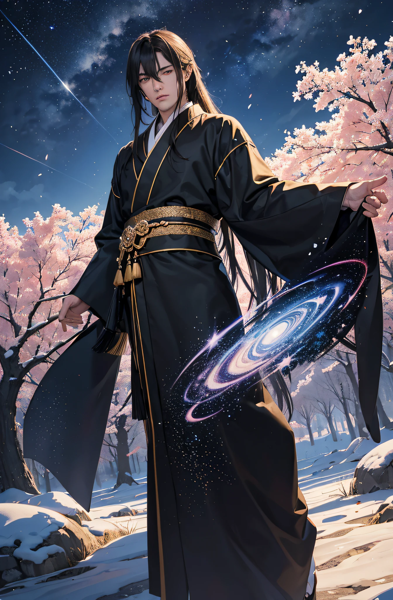(Meisterwerk), best quality, ultra-high resolution, ((Ein Mann)), masculine, elegant, (japanischer Gott), Tsukuyomi, ausdrucksstarke Augen, Perfektes Gesicht, half body, Blick auf den Betrachter, dutch angle, Cowboy erschossen, (sehr langes, schwarzes, flowy hair), (Goldene Augenfarbe), stattlich, night time, Mondsichel, (Japanische Kleidung), (schwarz-blauer Kimono), (Extrem detaillierte Kleidung), cherry blossoms, Dynamisches Licht, Beautiful colors, Milky Way, FESTPLATTE