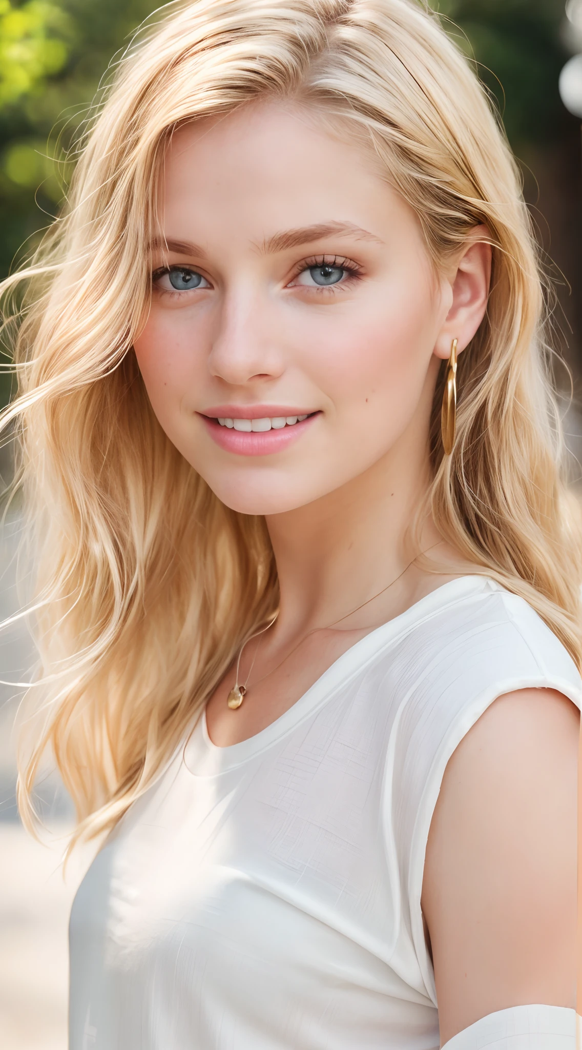 angel, armor gold , young blonde woman,beautiful blonde woman dress white, (masterpiece, best quality, high resolution:1.4), 1girl, angel, skin pores texture, Hair blonde, HD , Photography, movie, cinematic, full Body, Realistic, (8k, RAW photo, best quality, masterpiece:1.2), (realistic, photo-realistic:1.33), best quality, detailed eyes blue, blue eyes,cute, adorable,natural lighting, depth of field, film grain, wrinkled skin, sharp, detailed and realistic portrait of a woman ,(freckles:0.5) , outside, wearing a white t shirt, staring at camera, chapped lips, smiling, soft natural lighting, portrait photography, magical photography, dramatic lighting, photo realism, ultra-detailed, intimate portrait composition, Leica 50mm,