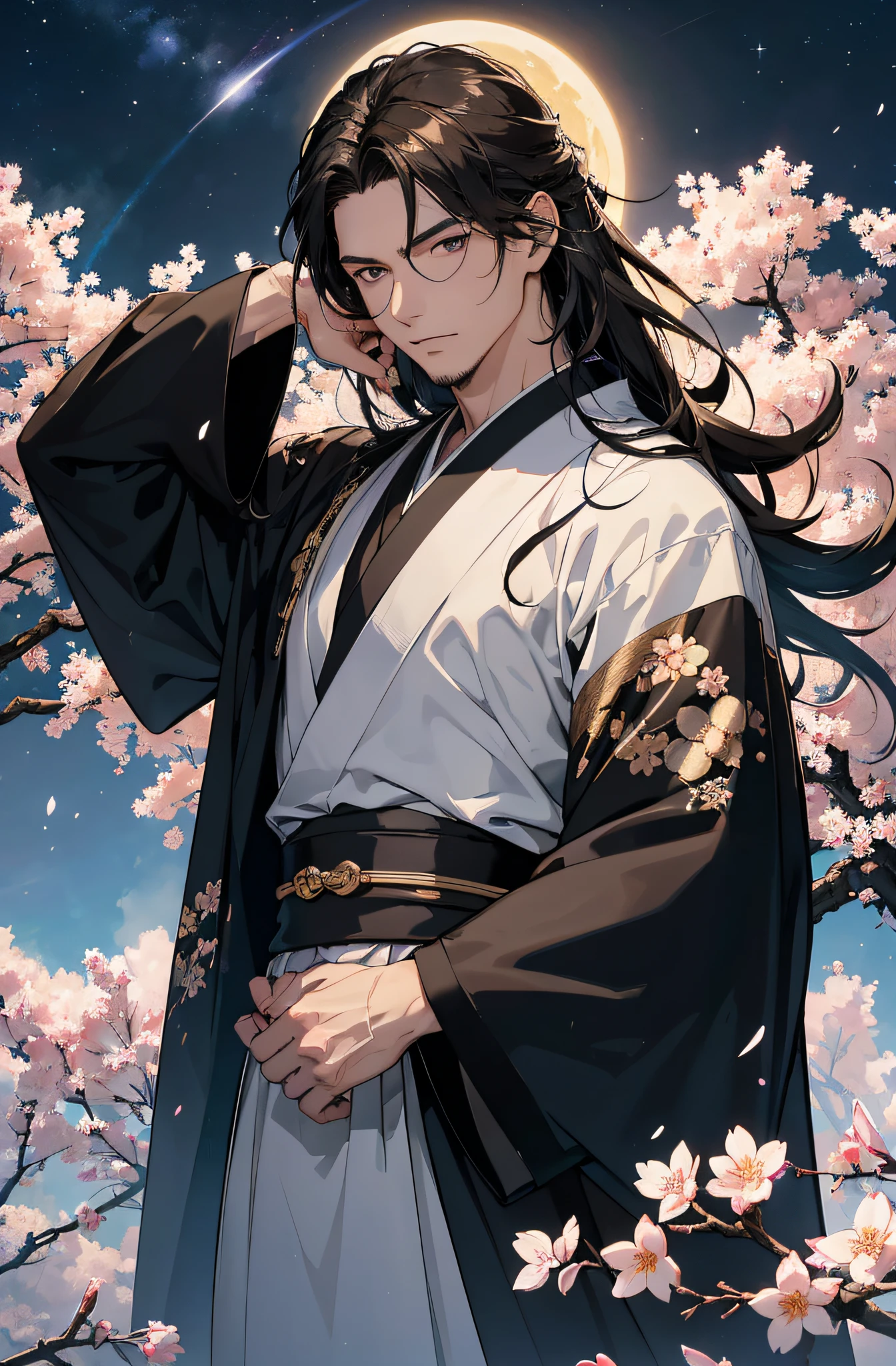 (Meisterwerk), best quality, ultra-high resolution, ((Ein Mann)), masculine, elegant, (japanischer Gott), Tsukuyomi, ausdrucksstarke Augen, Perfektes Gesicht, half body, Blick auf den Betrachter, dutch angle, Cowboy erschossen, (sehr langes, schwarzes, flowy hair), (Goldene Augenfarbe), stattlich, night time, Mondsichel, (Japanische Kleidung), (schwarz-blauer Kimono), (Extrem detaillierte Kleidung), cherry blossoms, Dynamisches Licht, Beautiful colors, Milky Way, FESTPLATTE