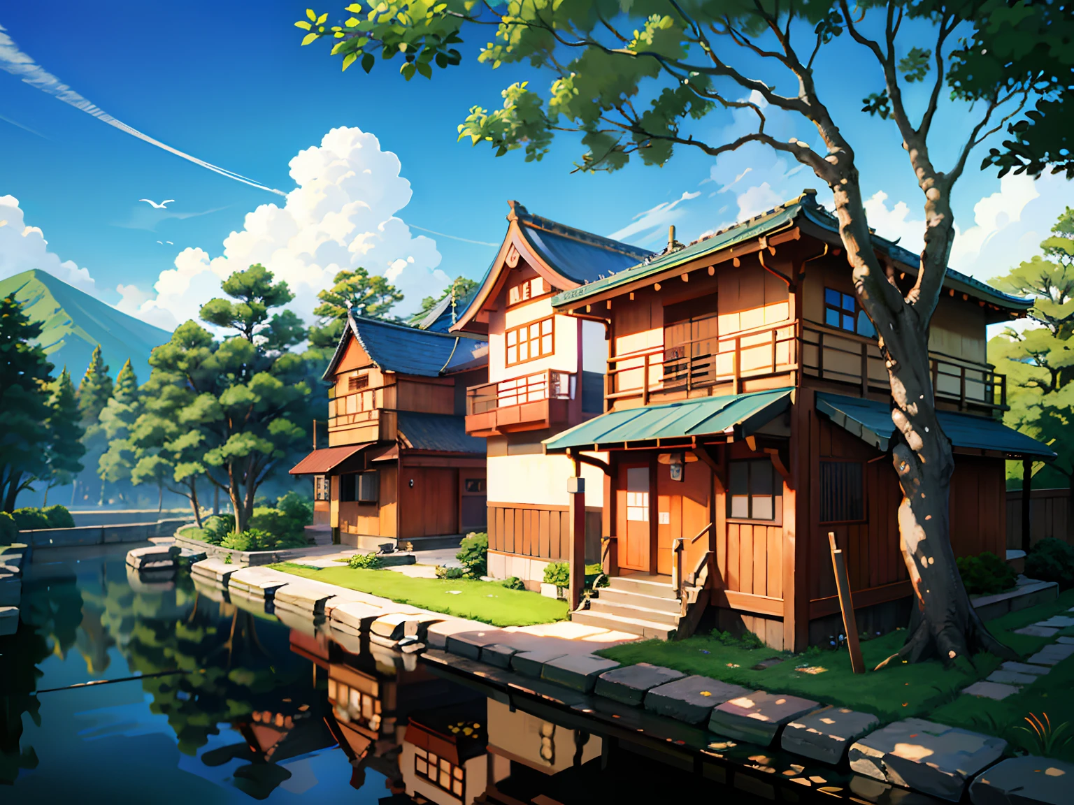 (Japanese town Landscape), (Hayao Miyazaki Style), cartoon, japanese townhouse, road, bend, small house, tree, pole, white cloud, landscape, outdoor, green trees, epic composition, realistic lighting, high-definition detail, masterpiece, the best quality, (very detailed CG unified 8k wallpaper), --v6