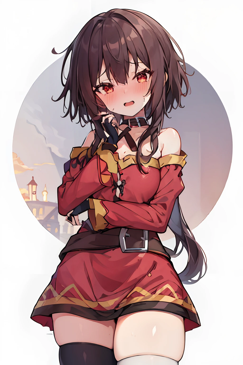 Illustration, UHD, retina, masterpiece, accurate, anatomically correct, super detail, high details, high quality, award winning, best quality, highres, good anatomy, 1080P, HD, 4K, 8k, 16k, 1girl, dynamic pose, androgynous, upper body potrait, detailed eyes, detailed clothes, detailed hair, rendering, 5 fingers, Nice legs, potrait, Aidalro, strands of hair, cute waifu, megumin, mini mini skirt, bare legs, breaking forth wall, banging on fourth wall, crying, screaming