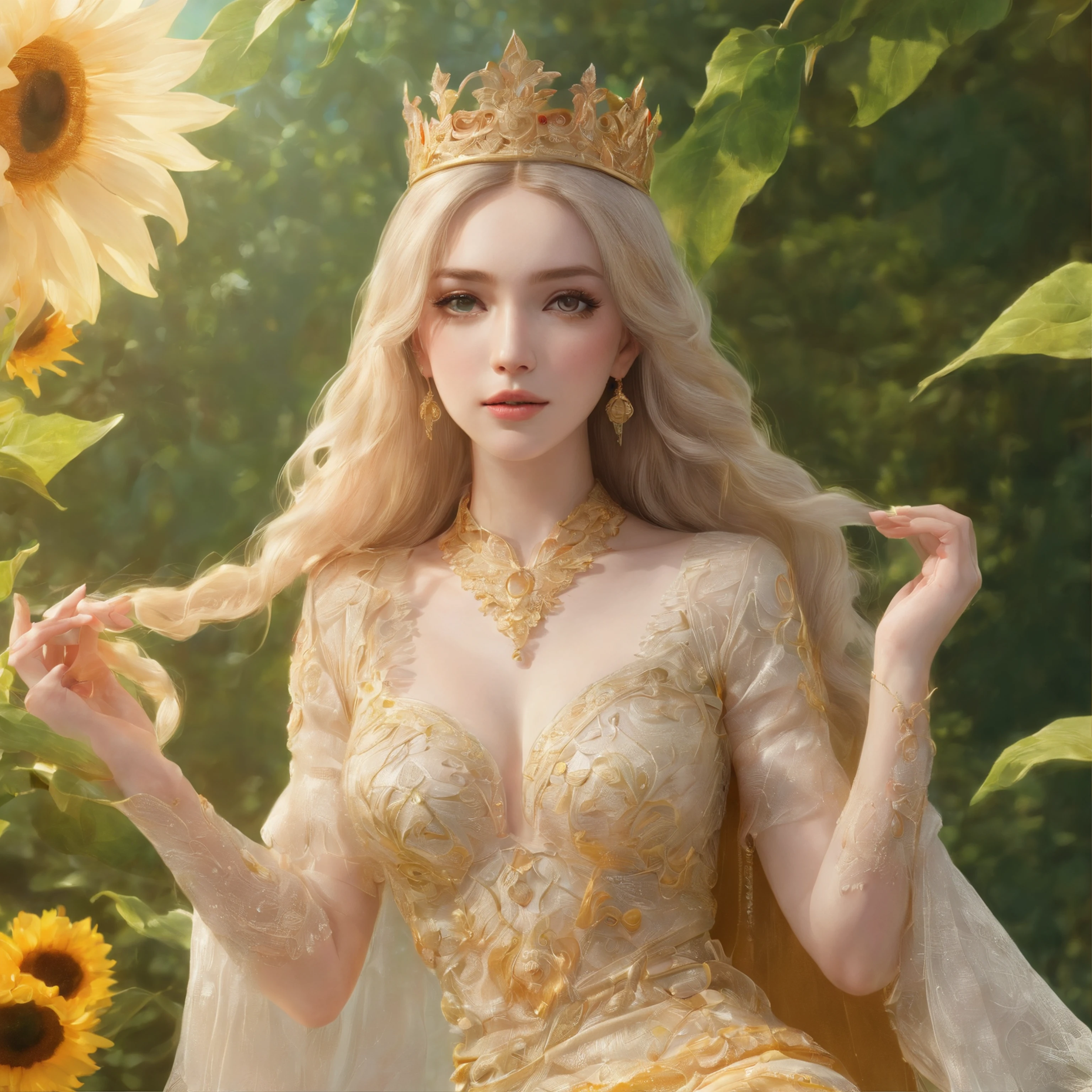 (best quality,4k,8k,highres,masterpiece:1.2),ultra-detailed,(realistic,photorealistic,photo-realistic:1.37),beautiful detailed eyes,beautiful detailed lips,extremely detailed eyes and face,longeyelashes,1girl (princess,royal),gorgeous,ash-blond long hair,big bright eyes,wearing a stunning yellow gown that flows down to the floor,sparkling with intricate golden embroidery,ornate golden crown sitting beautifully on top of her head,delicate gold jewelry adorning her neck and wrists,holding a bouquet of vibrant sunflowers in her hands,standing in the middle of a blooming garden filled with colorful flowers and lush greenery,bright sunlight streaming through the trees,casting a warm golden glow upon her,peaceful and dreamlike atmosphere,magical,ethereal,medium:oil painting,vivid colors,soft pastel color palette,impressionistic style,subtle brushstrokes,lyrical composition,with a touch of fairy tale whimsy,perfect harmony between realism and fantasy