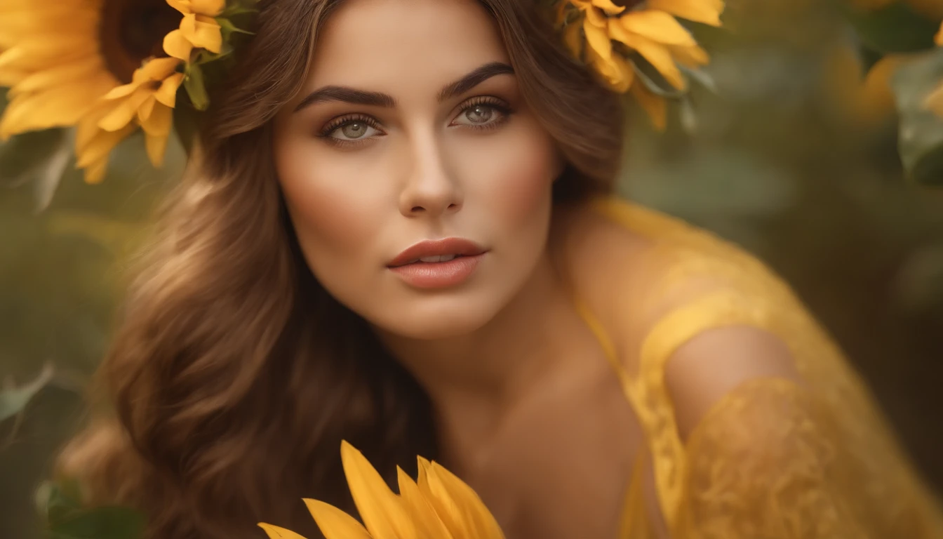 (melhor qualidade,4k,8k,Altas,master part:1.2),ultra-detalhado,(Realistic,fotorrealista,photo-realistic:1.37),belos olhos detalhados,beautiful detailed lips,olhos e rosto extremamente detalhados,long eyeslashes,1girl (princesa,real),gorgeous,cabelos longos loiros cinzas,grandes olhos brilhantes,wearing a dazzling yellow dress that descends to the floor,espumante com intrincado bordado dourado,Ornate golden crown sitting beautifully on top of her head,delicate gold jewelry adorning her neck and wrists,holding a bouquet of vibrant sunflowers in your hands,Standing in the middle of a flowering garden full of colorful flowers and lush vegetation,Bright sunlight streaming through the trees,casting a warm golden glow over her,peaceful and dreamlike atmosphere,magica,Ethereal,medium:oil painting,vivid colors,paleta de cores pastel suave,estilo impressionista,pinceladas sutis,lyrical composition,com um toque de capricho de conto de fadas,perfeita harmonia entre realismo e fantasia