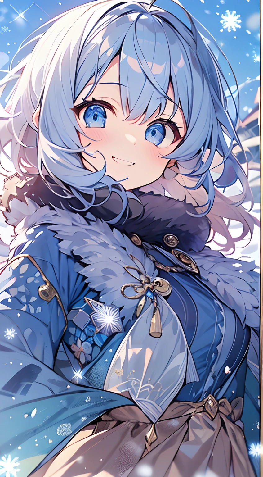 masutepiece, Best Quality,Illustration, Wallpaper, ultra -detail, Absurd beauty, 1beautiful girl、Bright hair color、Glitter and big eyes、Hair fluttering in the wind、ample breasts、♡、Smaller head、Winter scene、miscievous smile、bustup