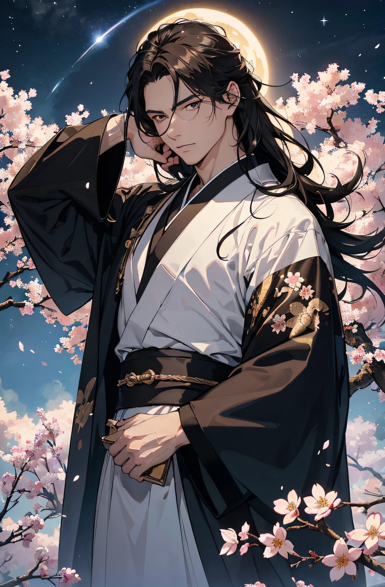 (Meisterwerk), best quality, ultra-high resolution, ((Ein Mann)), masculine, elegant, (japanischer Gott), Tsukuyomi, ausdrucksstarke Augen, Perfektes Gesicht, half body, Blick auf den Betrachter, dutch angle, Cowboy erschossen, (sehr langes, schwarzes, flowy hair), (Goldene Augenfarbe), stattlich, night time, Mondsichel, (Japanische Kleidung), (schwarz-blauer Kimono), (Extrem detaillierte Kleidung), cherry blossoms, Dynamisches Licht, Beautiful colors, Milky Way, FESTPLATTE
