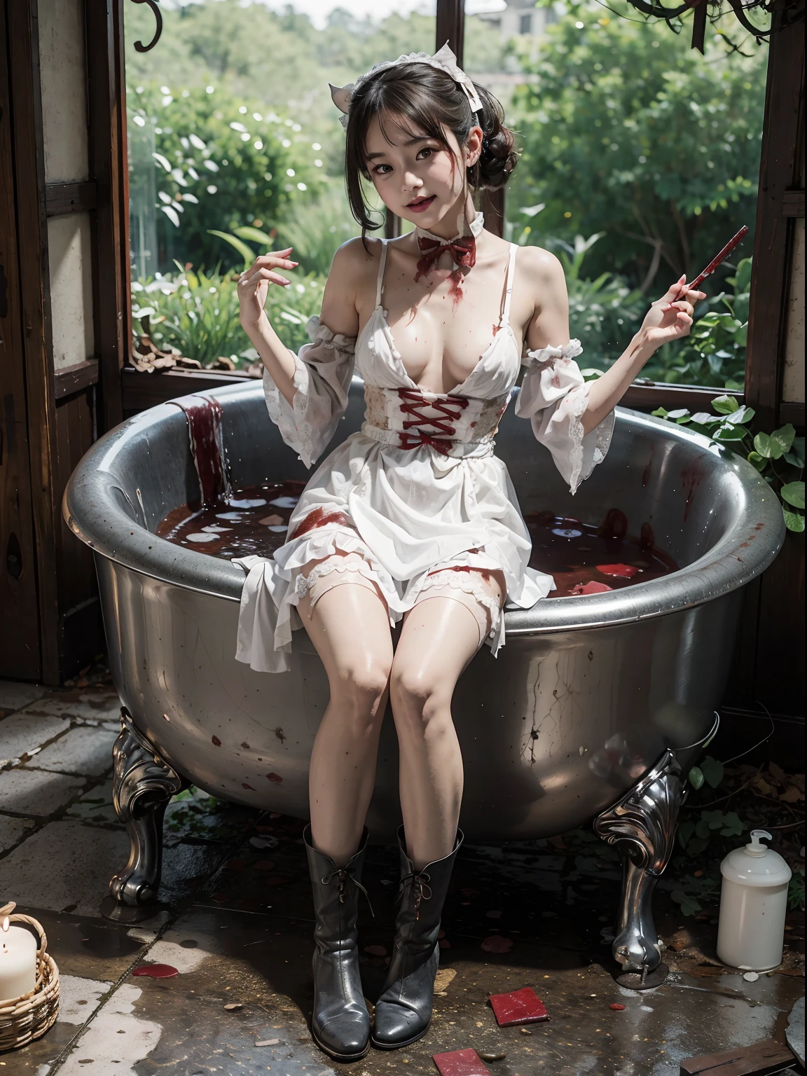 (in 8K. HDR.Hyper-Realism、Masterpiece 1.4、Live Photo 1.4, Best quality1.4, Ultra Detailed 1.4、masterpiece:1.4、Insanely detailed、Perfect Shading、Solo Photography、Sony、50mm Lens、full body photographed)、(Maids、、huge smile、bloodstained clothes、Bloody bathtub、the whole body is covered in blood,,,,,,Meat and bones scattered on the floor)、(White Maid Clothes、Gothic ta、bow ribbon、8-hole boots)、(a short bob、Okappa、small tits、muscular body、5 fingers on the hand)、(Spooky ruins)