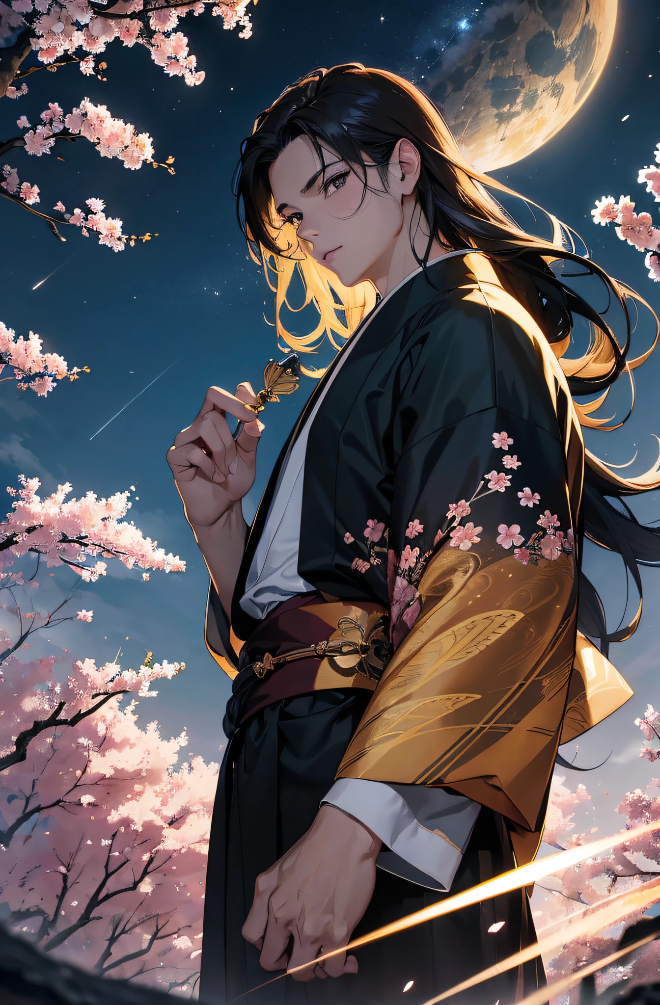 (Meisterwerk), best quality, ultra-high resolution, ((Ein Mann)), masculine, elegant, (japanischer Gott), Tsukuyomi, ausdrucksstarke Augen, Perfektes Gesicht, half body, Blick auf den Betrachter, dutch angle, Cowboy erschossen, (sehr langes, schwarzes, flowy hair), (Goldene Augenfarbe), stattlich, night time, Mondsichel, (Japanische Kleidung), (schwarz-blauer Kimono), (Extrem detaillierte Kleidung), cherry blossoms, Dynamisches Licht, Beautiful colors, Milky Way, FESTPLATTE