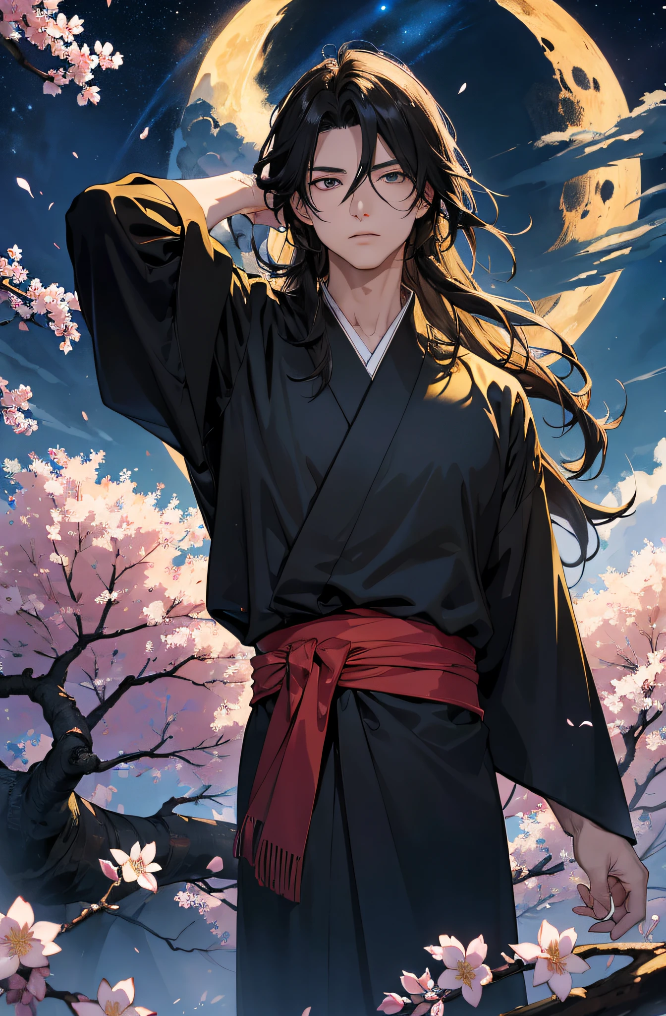 (Meisterwerk), best quality, ultra-high resolution, ((Ein Mann)), masculine, elegant, (japanischer Gott), Tsukuyomi, ausdrucksstarke Augen, Perfektes Gesicht, half body, Blick auf den Betrachter, dutch angle, Cowboy erschossen, (sehr langes, schwarzes, flowy hair), (Goldene Augenfarbe), stattlich, night time, Mondsichel, (Japanische Kleidung), (schwarz-blauer Kimono), (Extrem detaillierte Kleidung), cherry blossoms, Dynamisches Licht, Beautiful colors, Milky Way, FESTPLATTE
