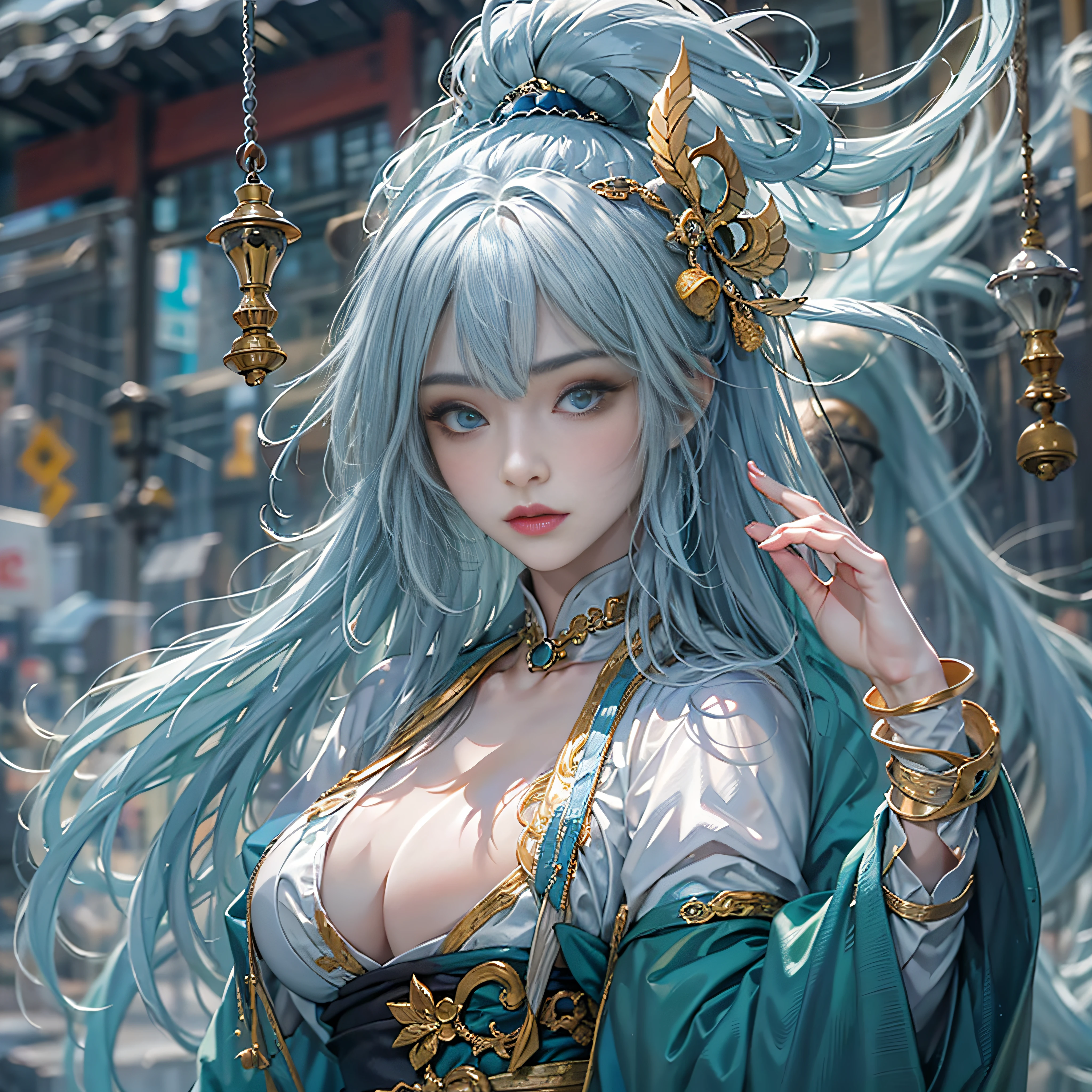 ((Jeizuo))),(((best qualit))),((ultra-detailliert)),(A hyper-realistic),(High Definition CG Illustration),Movie Light,Lifelike,(ganyu),Very beautiful young lady,Whirlwind,A bell hangs on his chest,(Beautiful face and lips),Light makeup,Intricate Details EBA,lightblue hair,blue cloak,Popular on ArtStation,Big thighs,fully body photo、Holding a sword in his hand Japan、Japanese dress、Colossal tits、A bell hangs on his chest、Japanese style costume