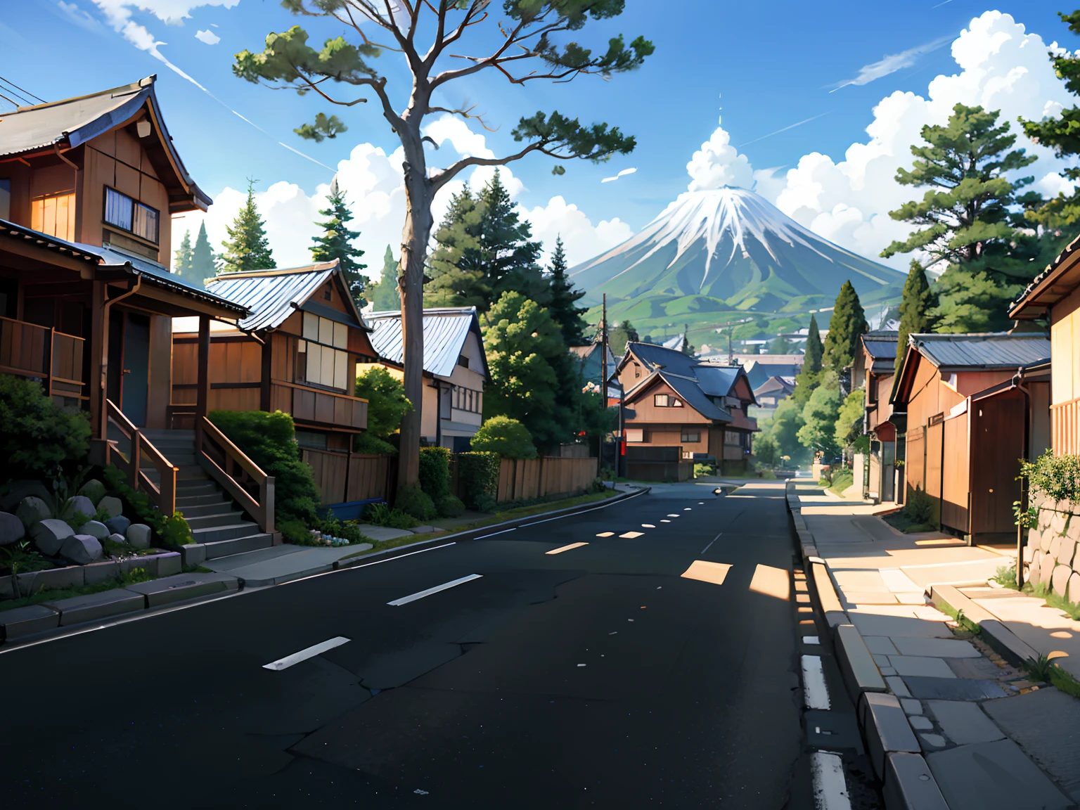 (Japanese town Landscape), (Hayao Miyazaki Style), cartoon, japanese townhouse, road, bend, small house, tree, pole, white cloud, landscape, outdoor, green trees, epic composition, realistic lighting, high-definition detail, masterpiece, the best quality, (very detailed CG unified 8k wallpaper), --v6