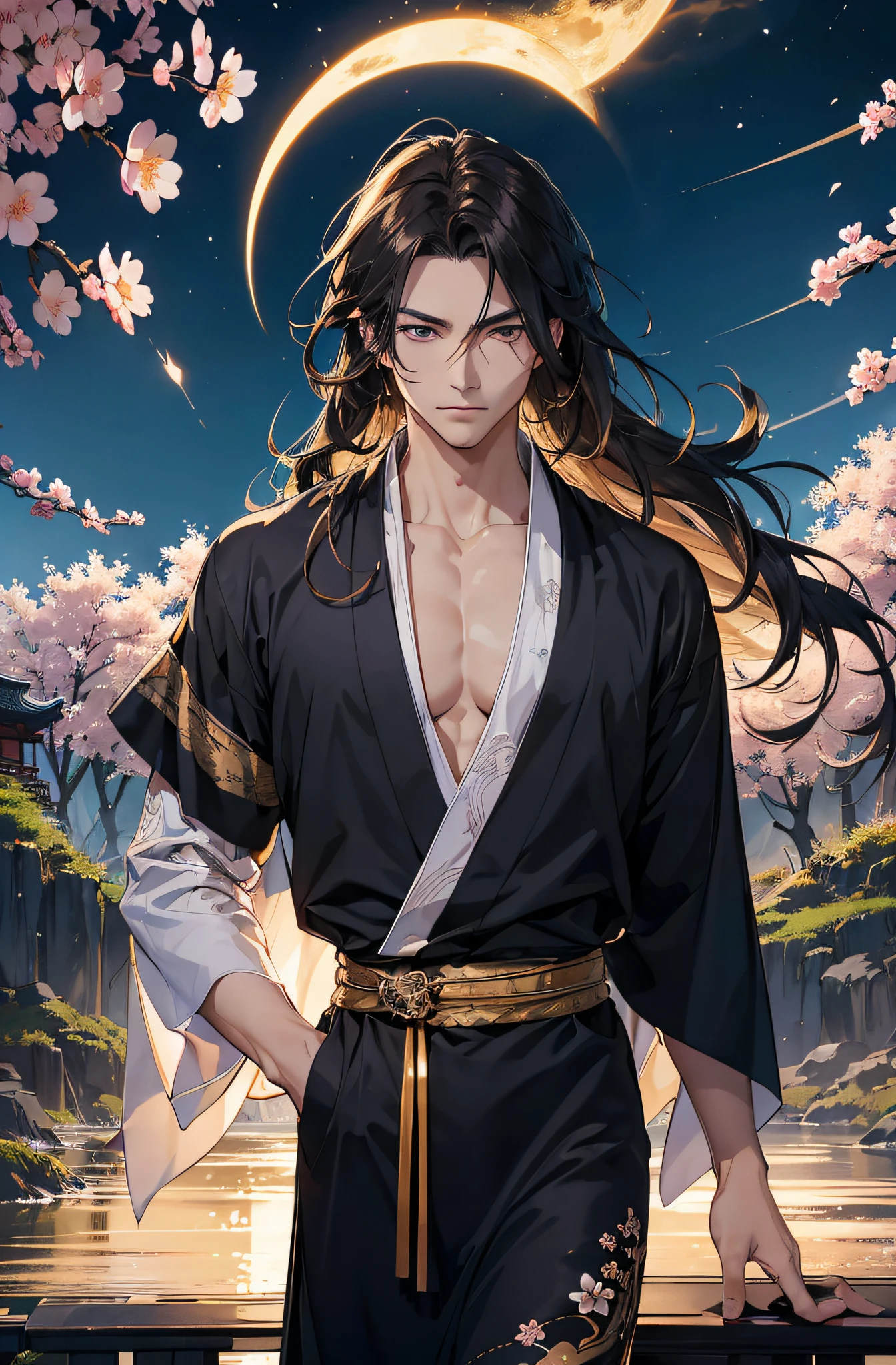 Samurai male, fantasy world, dark background, epic, silhouette, hyper detailed intricate details, fantasy, intricate details, complementary colors, Fantasy concept art, 8k resolution, oil painting,  (((handsome young man))), ((man:1.5) ), ((green eyes)), ((((long black hair: 1.1))), ((yukata)), (indifferent expression), ((Wears high detail luxurious black robe))), white hair, (chest) 