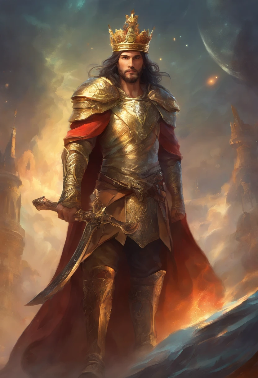 "A man with a crown on his head and a sword in his hand, em um ambiente majestoso e iluminado, in a sophisticated and detailed artistic style."