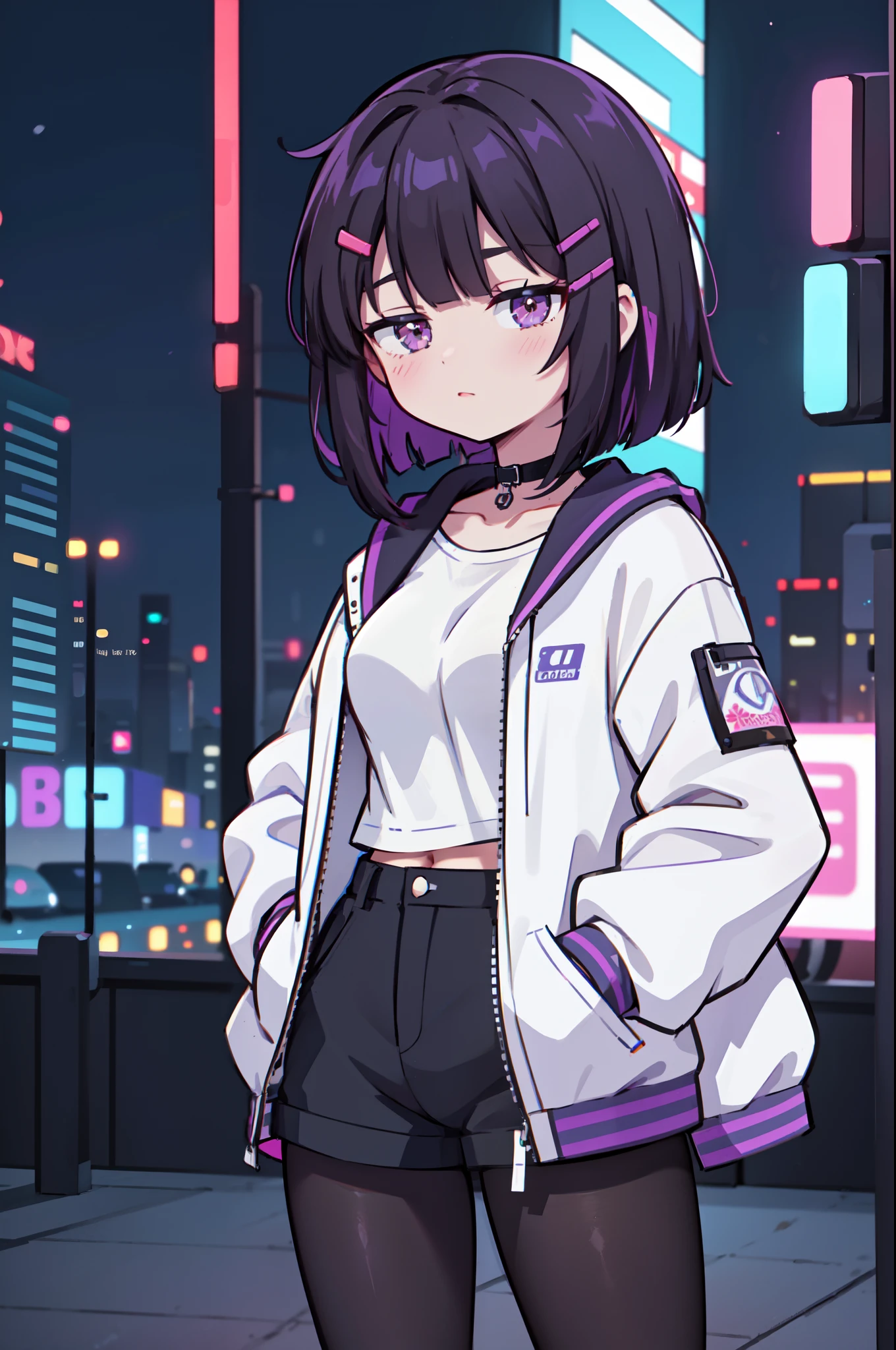 1girl, solo, , (black hair), (colored inner hair, purple hair), straight hair, bob cut, short hair, assymmetrical sidelocks, bang pinned back, hairclip, brown eyes, calm behaviour, inexpressive, medium breasts, choker, garter strap, white t-shirt, shorts, (pantyhose:1.1), jacket, big jacket, thighs, abs, (hands on pockets), night city, cyberpuk, colorful, beautiful, ((neon lights)), masterpiece, best quality, 4k