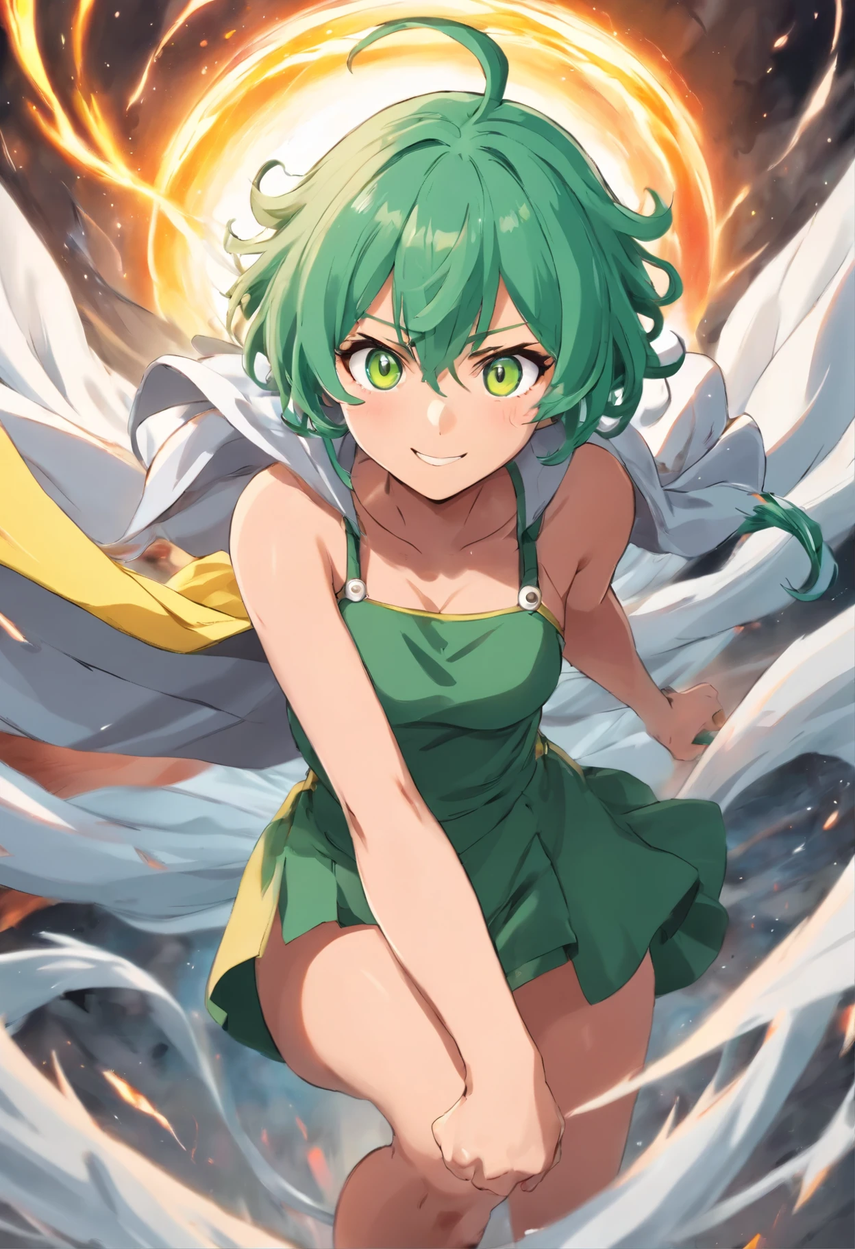 Tornado from One Punch Man getting backshot from Sitama. She has green hair cute smile and dripping with sweat