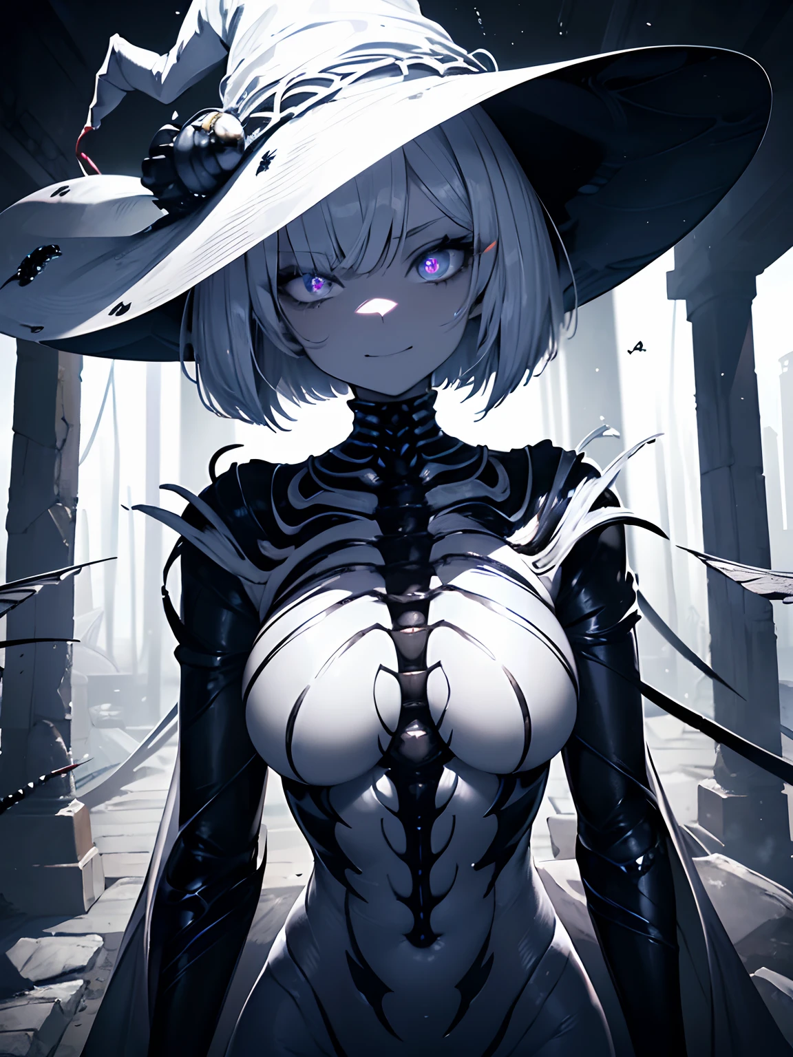 (masterpiece,best quality,ultra-detailed),1girl,smirk, insect body,(white body centipede creature),insectoid,(centipede creature body), beautiful and detailed face, detailed eyes,bob cut,silver hair,insane void, glowing eyes,(grey theme),in a dark cave,ancient temple, witch hat, witch outfit