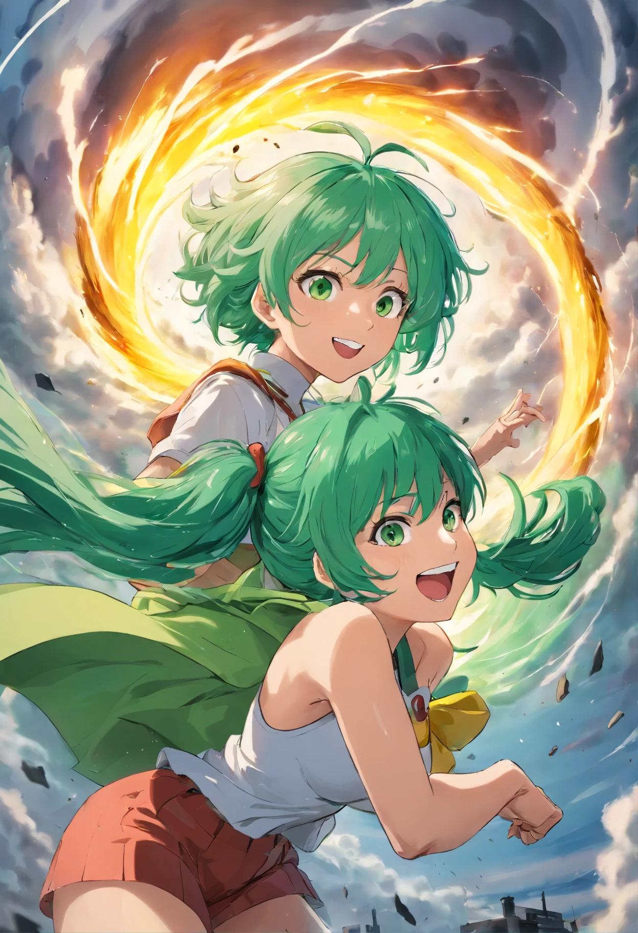 Tornado from One Punch Man getting backshot from Sitama. She has green hair cute smile and dripping with sweat