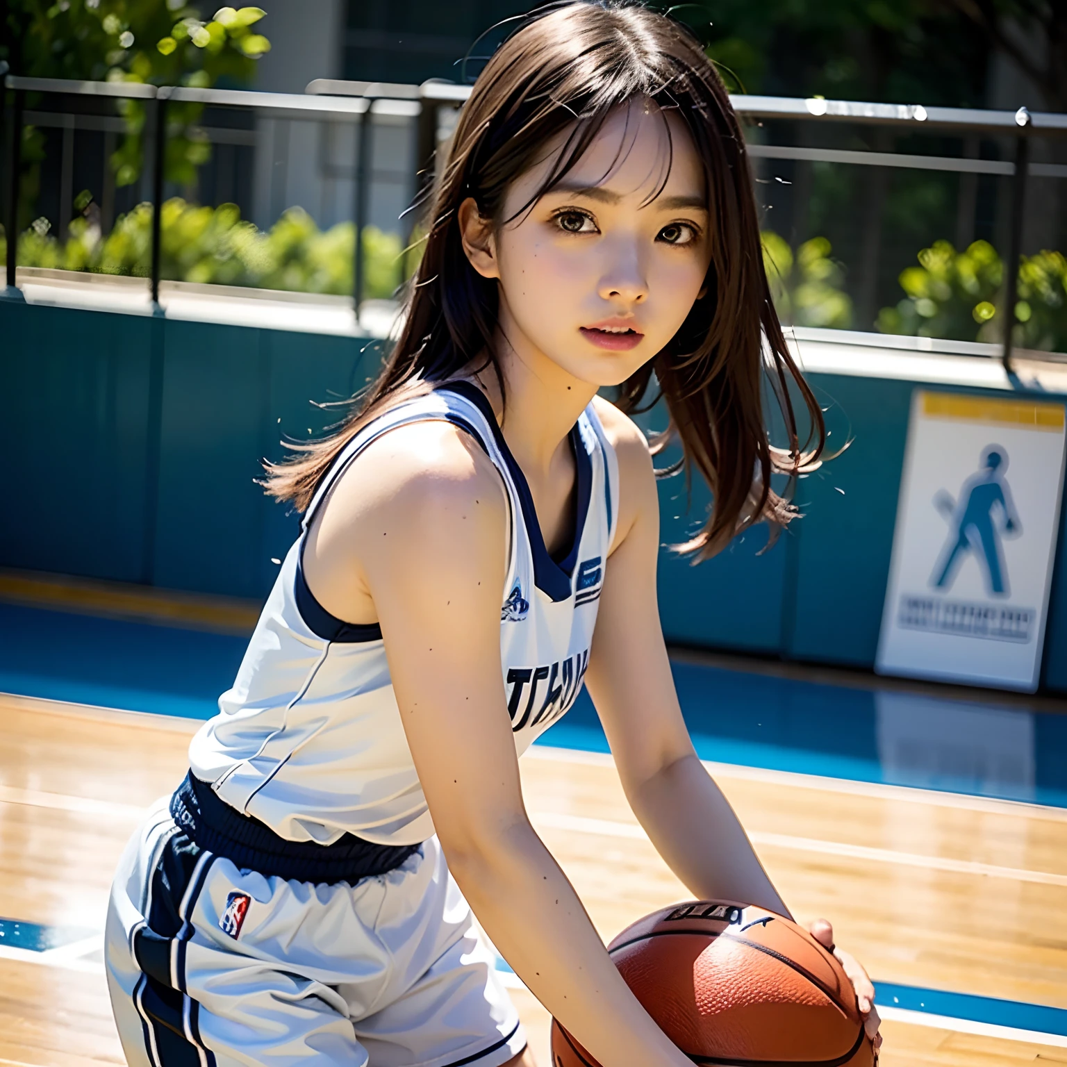 (8k, Best Quality, Masterpiece: 1.2), (Realistic, Realistic: 1.37), Ultra Detailed, Best Quality, Ultra High Resolution, Professional Lighting, Photon Mapping, Radiosity, Physically Based Rendering, Cinematic Lighting, Basketball court, depth of field, clear focus, sunlight, good composition, (bokeh: 1.2) 1girl, solo, (full body), (closed mouth), beautiful and detailed eyes, pose, narrow waist, basketball uniform, black hair , messy hair, long hair blowing in the wind, (ulzzang-6500:1.2) mix4, hiqcgbody