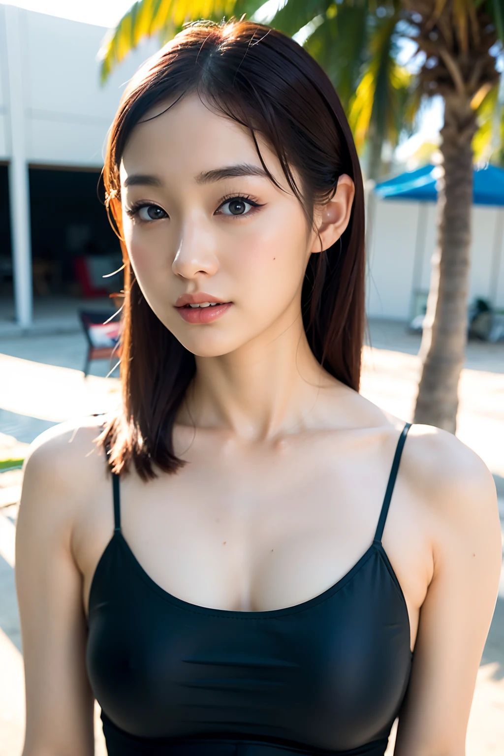 high-detail skin、Skin pores、8K UHD、Digital SLR、hightquality、film grains、FujifilmXT3、((top-quality、8K、masterpiece:1.3))、Beautuful Women、1girl in、Colossal tits:1.3、Slender figure:1.1、Firm abs、dark brown hair、(in poolside、a wet body、Black tanga bikini、hyperdetailed face、Detailed lips、A detailed eye、二重まぶた、Midsummer sunshine、Erotic poses、