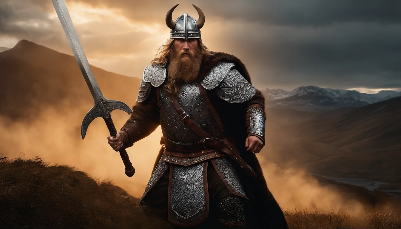 A fierce Viking warrior dressed in heavy Viking armor and wielding a formidable weapon, Showing your warrior spirit. Certifique-se de que o pano de fundo reflita a beleza acidentada de uma paisagem viking, olhos claros brilhantes, Biomechanicals, estranho, assustador, pesadelo, cores muito brilhantes, light particles, com luz brilhante, Mshiff, Arte do papel de parede, papel de parede uhd