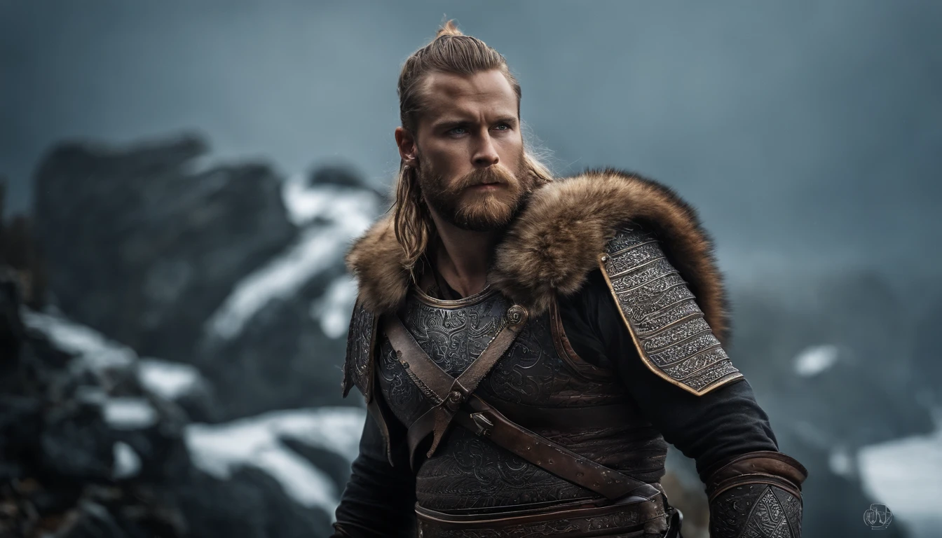 A fierce Viking warrior dressed in heavy Viking armor and wielding a formidable weapon, Showing your warrior spirit. Certifique-se de que o pano de fundo reflita a beleza acidentada de uma paisagem viking, olhos claros brilhantes, Biomechanicals, estranho, assustador, pesadelo, cores muito brilhantes, light particles, com luz brilhante, Mshiff, Arte do papel de parede, papel de parede uhd