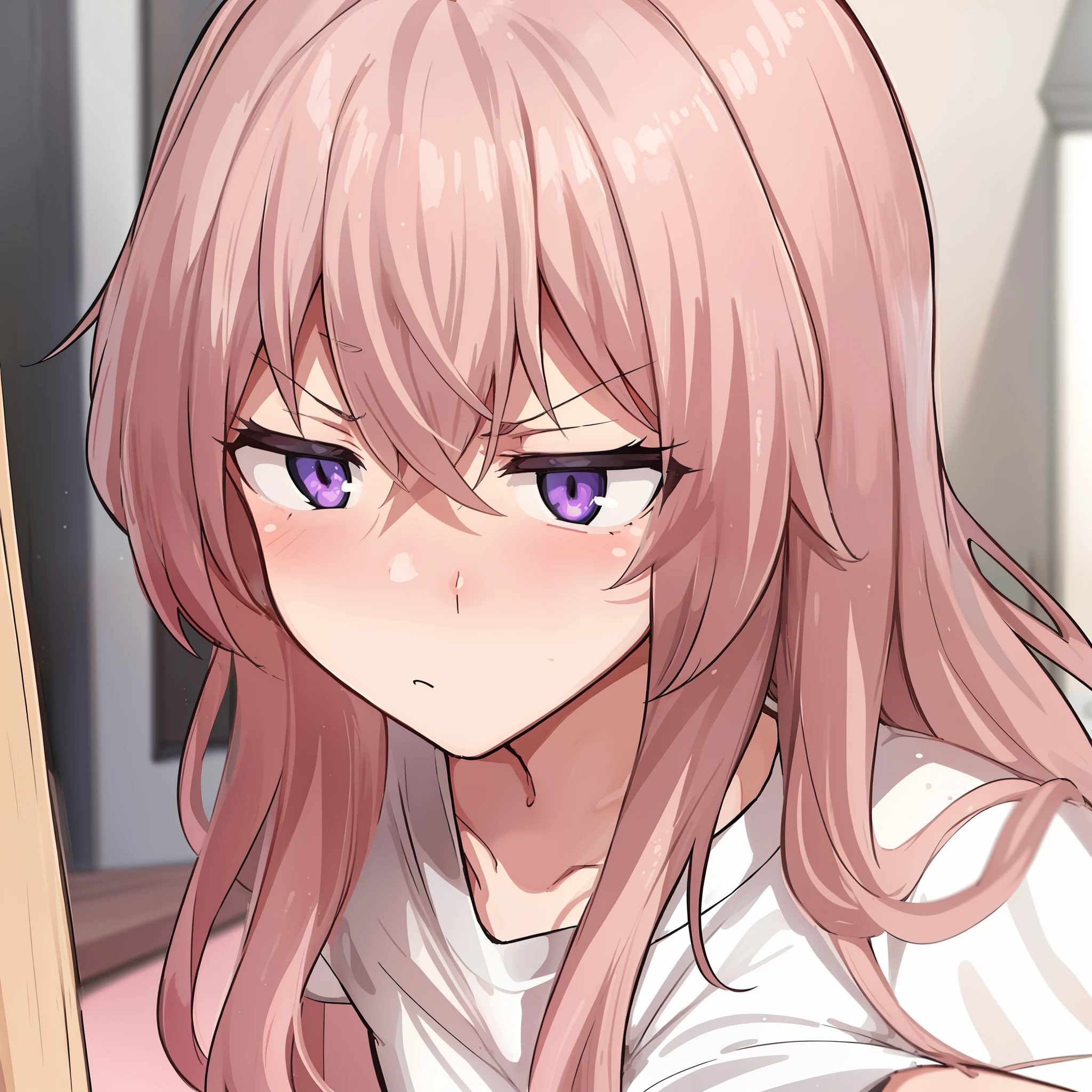 A girl. rose hair. white tshirt. frowning face. violet eyes. furrowed brow. lowered eyes. against the background of the hallway of the room