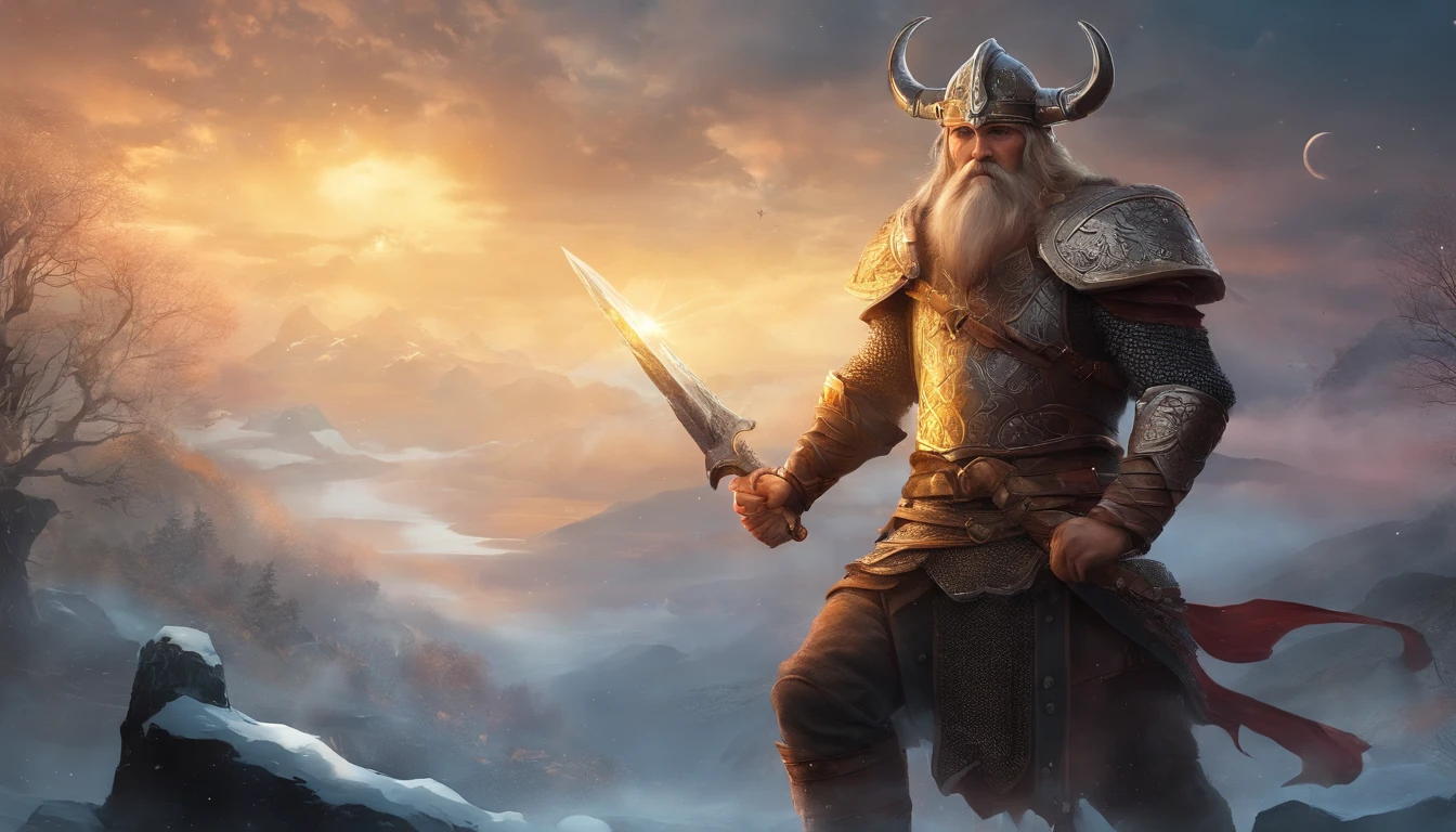 A fierce Viking warrior dressed in heavy Viking armor and wielding a formidable weapon, Showing your warrior spirit. Certifique-se de que o pano de fundo reflita a beleza acidentada de uma paisagem viking, olhos claros brilhantes, Biomechanicals, estranho, assustador, pesadelo, cores muito brilhantes, light particles, com luz brilhante, Mshiff, Arte do papel de parede, papel de parede uhd