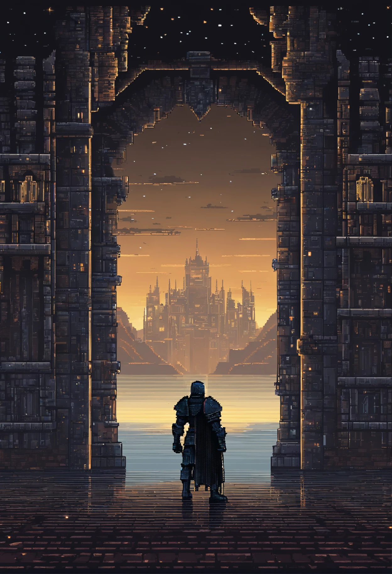knight, wearing black armor made of technological and magical elements, looking at a devastated and melancholic passage, 4k HD, night