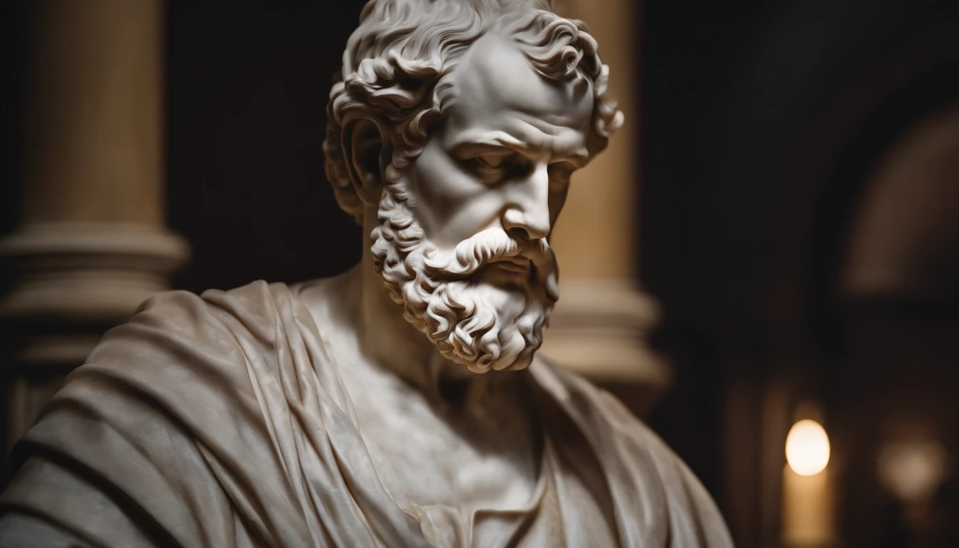 a close up of a statue of a man with a beard, A marble sculpture of Seneca, classical realism, macho, marble carving, Chiaroscuro