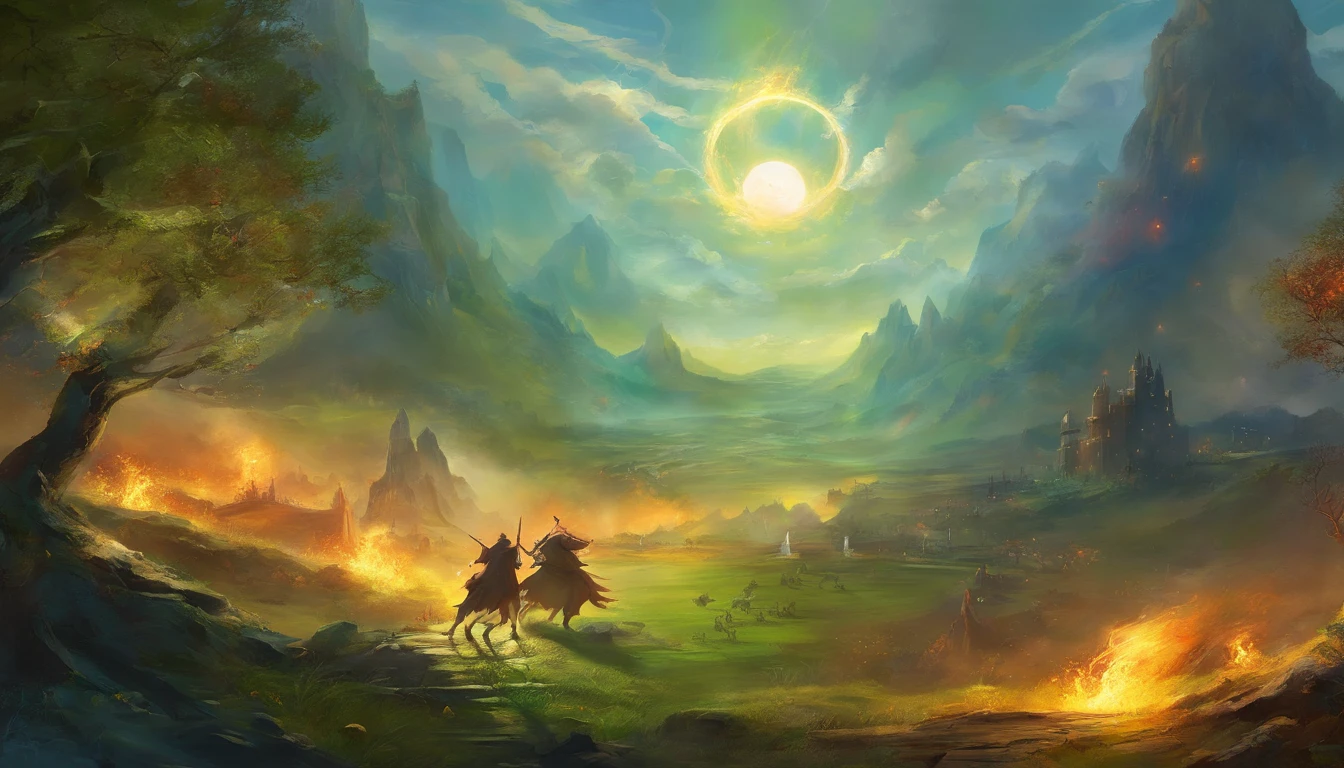O sol ilumina o campo de batalha no campo verde, Viking Berserker supera inimigo derrotado, Machados no sangue, The Spirit of Victory, jubilation, Sinalizadores, fire & Setas