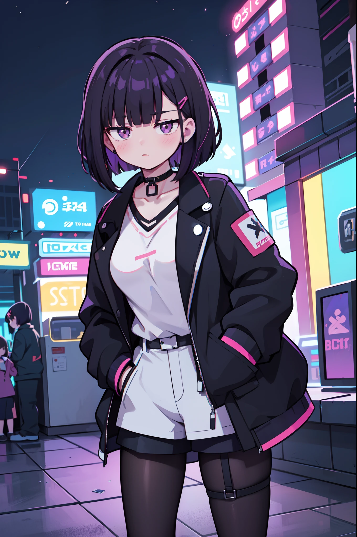 1girl, solo, , (black hair), (colored inner hair, purple hair), straight hair, bob cut, short hair, assymmetrical sidelocks, bang pinned back, hairclip, brown eyes, calm behaviour, inexpressive, medium breasts, choker, garter strap, white long shirt, shorts, (pantyhose:1.1), jacket, big jacket, thighs, abs, (hands on pockets), night city, cyberpuk, colorful, beautiful, ((neon lights)), masterpiece, best quality, 4k