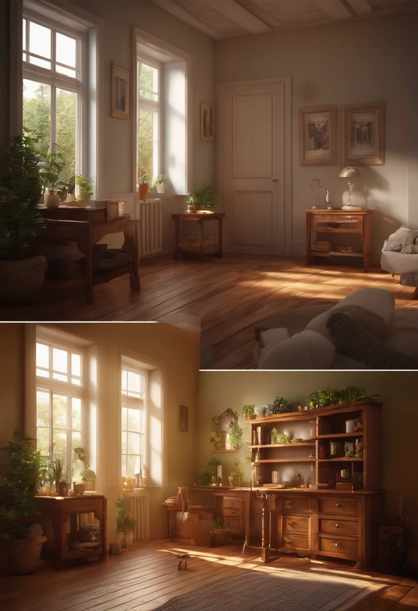 （Pixar style),A model of a cozy small room, miniature figure model, light source from right to left, Rumbrandt lighting, light source from right to left, (isometric view), (top-down), realistic scale, post-processing, ((orthogonal perspective)), super detail, realistic, super realistic, realistic render, rainbow color, glitter
