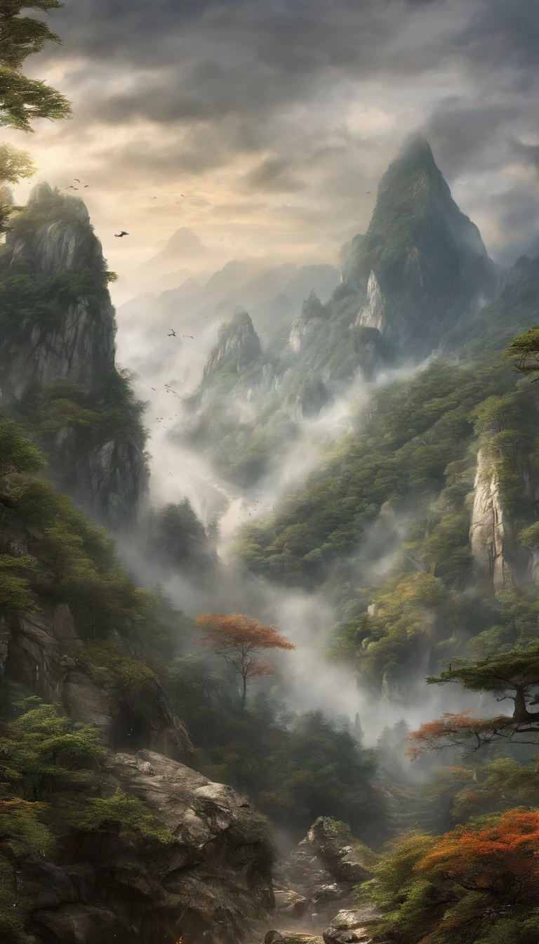 Hengshan Mountain, which is definitely a dreamy scene in a fairyland. and their light wings twinkle in the mist. The mist is swirling around the peaks, revealing the beautiful scenery of deep autumn tones. This picture is like a finely-detailed ink painting that no one wants to miss. --ar 9:16