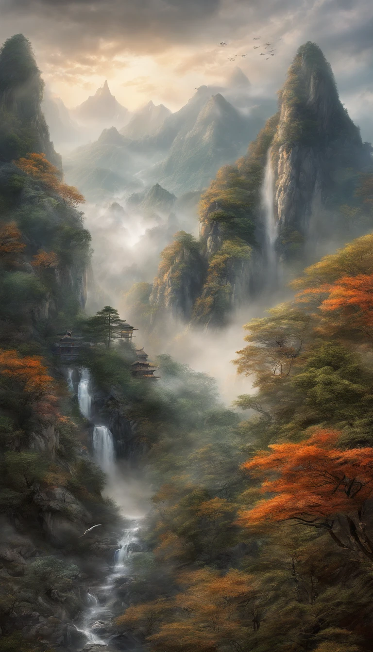 Hengshan Mountain, which is definitely a dreamy scene in a fairyland. and their light wings twinkle in the mist. The mist is swirling around the peaks, revealing the beautiful scenery of deep autumn tones. This picture is like a finely-detailed ink painting that no one wants to miss. --ar 9:16