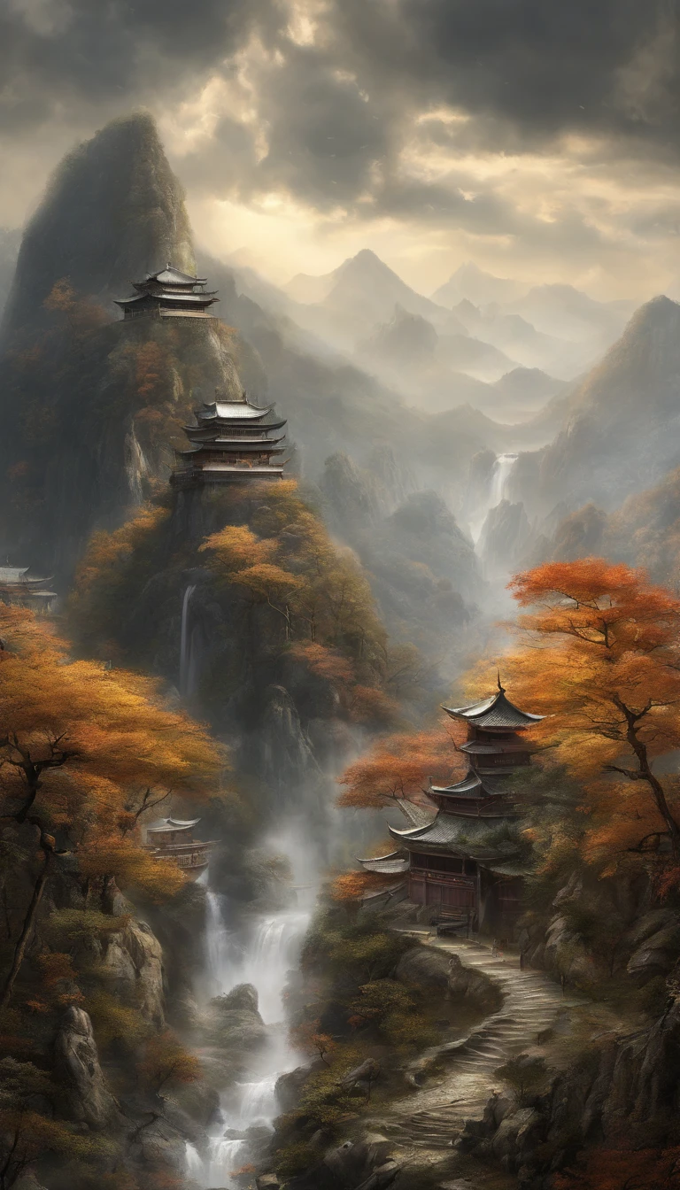 Hengshan Mountain, which is definitely a dreamy scene in a fairyland. and their light wings twinkle in the mist. The mist is swirling around the peaks, revealing the beautiful scenery of deep autumn tones. This picture is like a finely-detailed ink painting that no one wants to miss. --ar 9:16