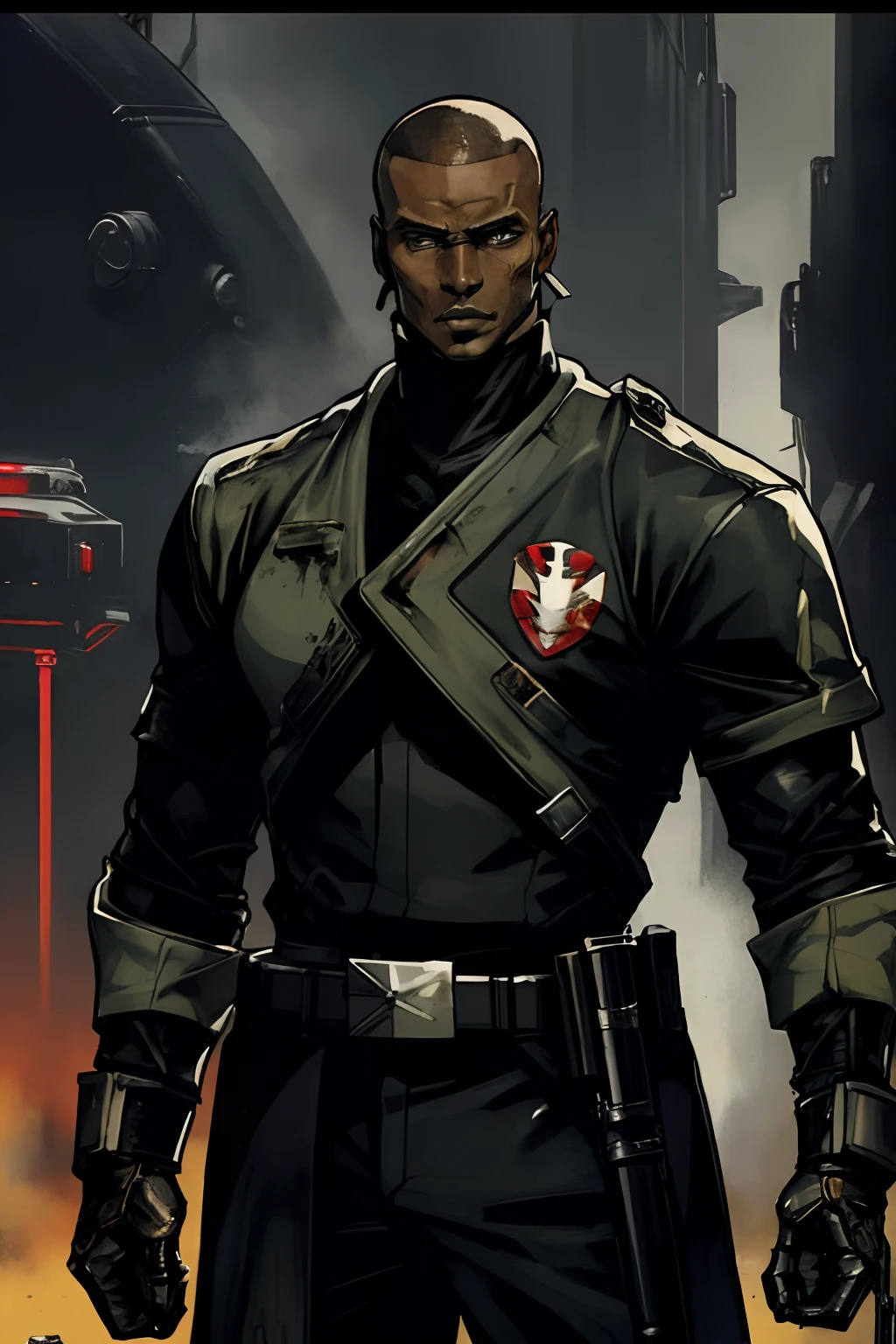 A badass black young man in long ragged futuristic military gear holding a gun, with a touch of blood and showcasing his skills as a soldier sci-fi. He also has short afro (buzzcut). Best quality, (masterpiece), ( methurlant), (comic), y2k animation, intricate detail, smooth, (futuristic),