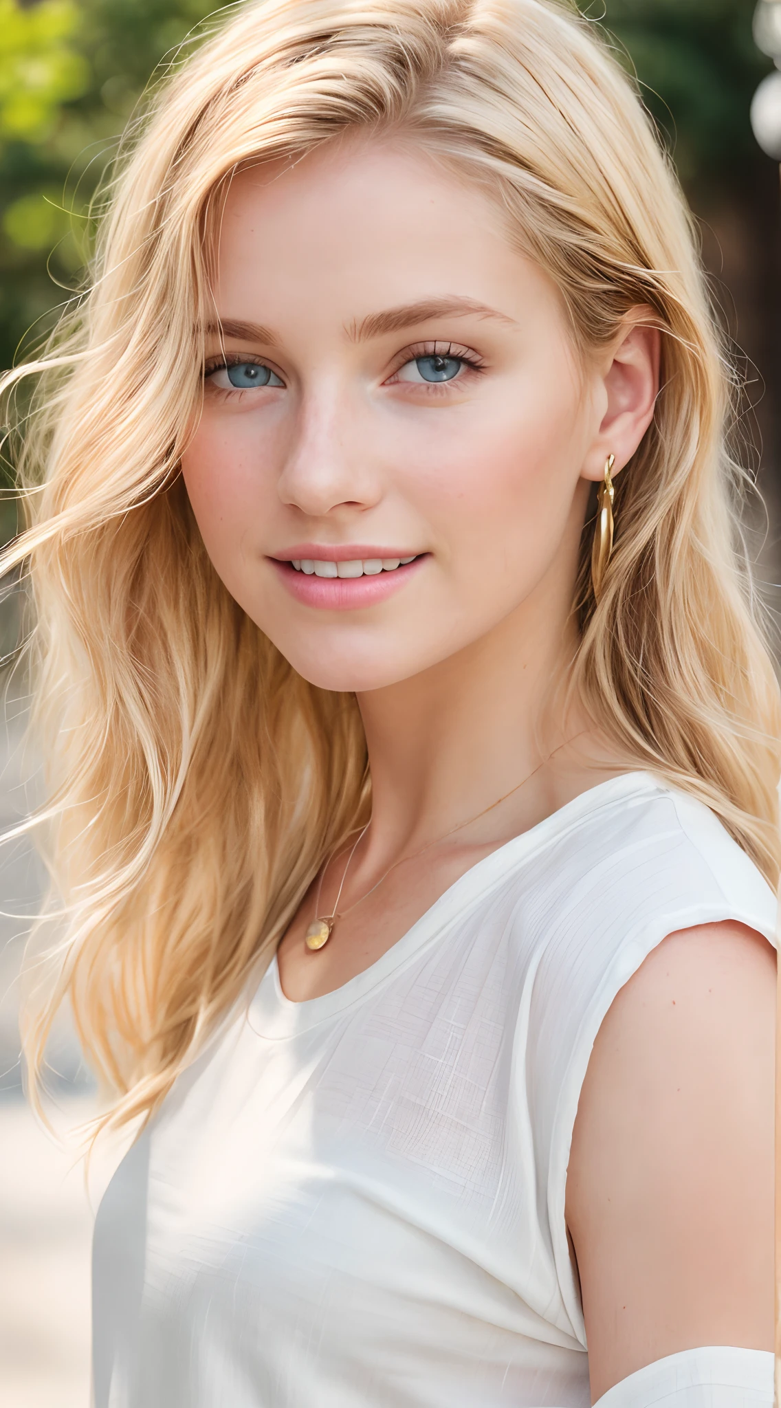angel, armor gold , young blonde woman，beautiful blonde woman dress white, (masterpiece, best quality, high resolution:1.4), 1girl, angel, skin pores texture, Hair blonde, HD , Photography, movie, cinematic, full Body, Realistic, (8k, RAW photo, best quality, masterpiece:1.2), (realistic, photo-realistic:1.33), best quality, detailed eyes blue, blue eyes,cute, adorable,natural lighting, depth of field, film grain, wrinkled skin, sharp, detailed and realistic portrait of a woman ,(freckles:0.5) , outside, wearing a white t shirt, staring at camera, chapped lips, smiling, soft natural lighting, portrait photography, magical photography, dramatic lighting, photo realism, ultra-detailed, intimate portrait composition, Leica 50mm,
