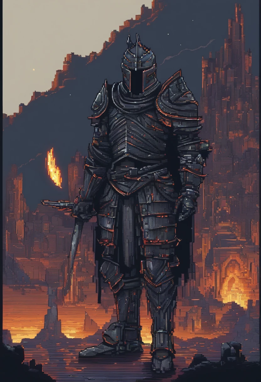 knight, wearing black armor made of technological and magical elements, looking at a devastated and melancholic passage, 4K HD |, Night, cliff