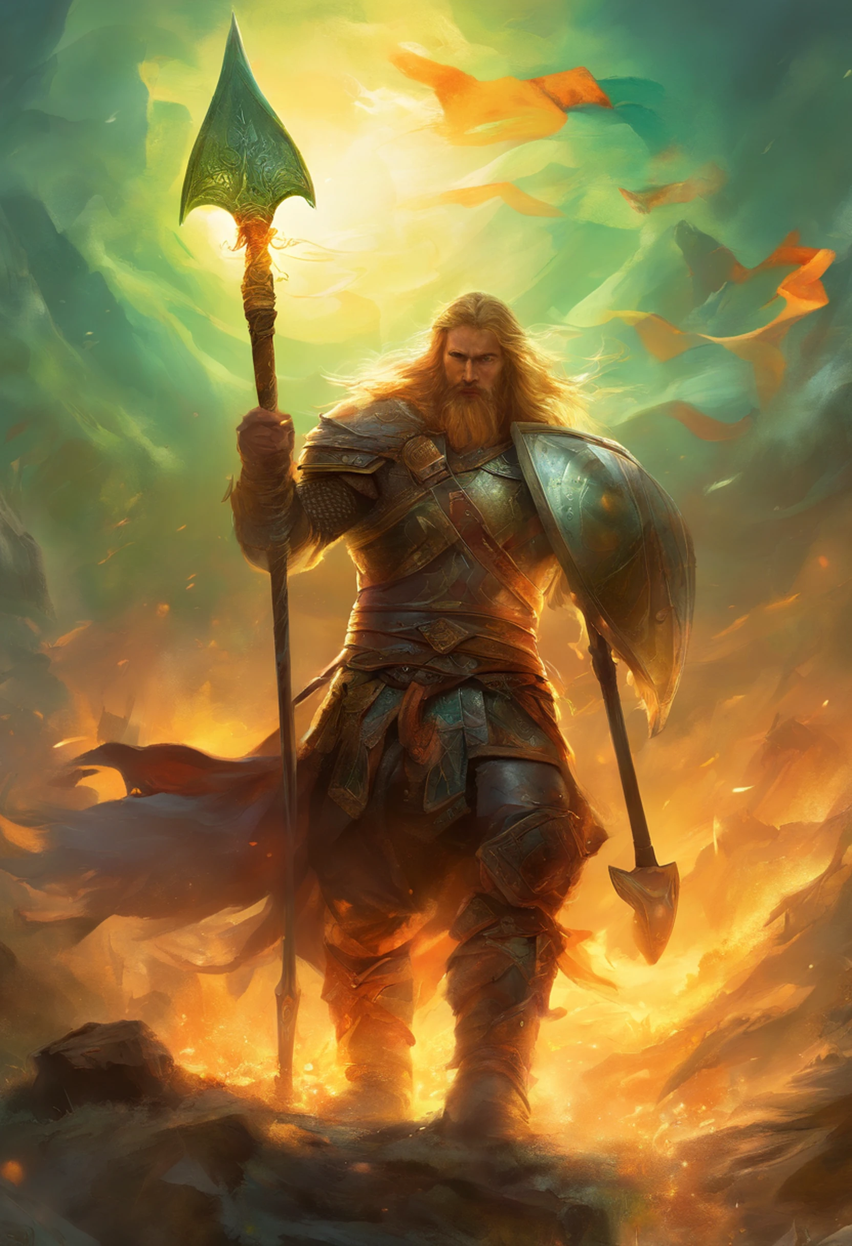 The sun illuminates the battlefield on the green field, Viking Berserker stands over defeated enemy, axes in the blood, The Spirit of Victory, jubilation, Flags, Fire & Arrows