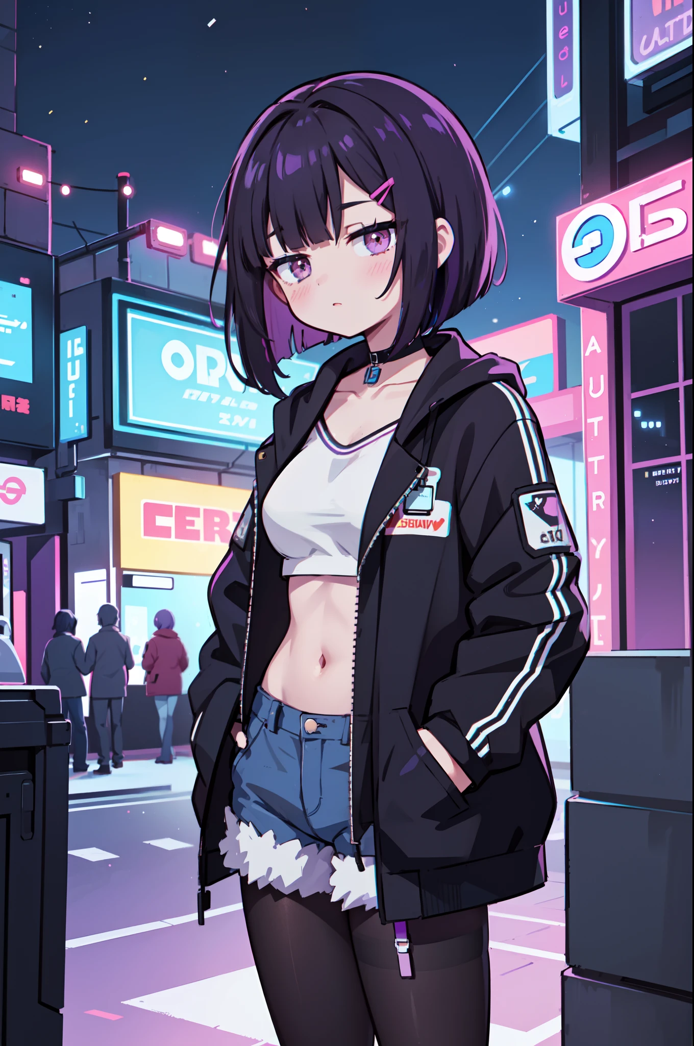 1girl, solo, , (black hair), (colored inner hair, purple hair), straight hair, bob cut, short hair, assymmetrical sidelocks, bang pinned back, hairclip, brown eyes, calm behaviour, inexpressive, medium breasts, choker, garter strap, white long shirt, shorts, (pantyhose:1.1), jacket, big jacket, thighs, abs, (hands on pockets), night city, cyberpuk, colorful, beautiful, ((neon lights)), masterpiece, best quality, 4k